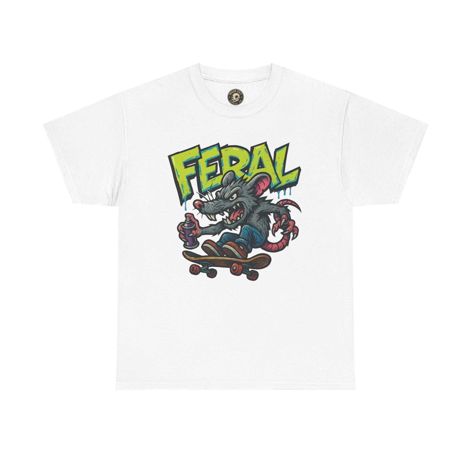 FERAL Graffiti Rat Skate Tee – Street Art Spray Can Mouse on Skateboard | Gildan 5000 Heavy Cotton Shirt