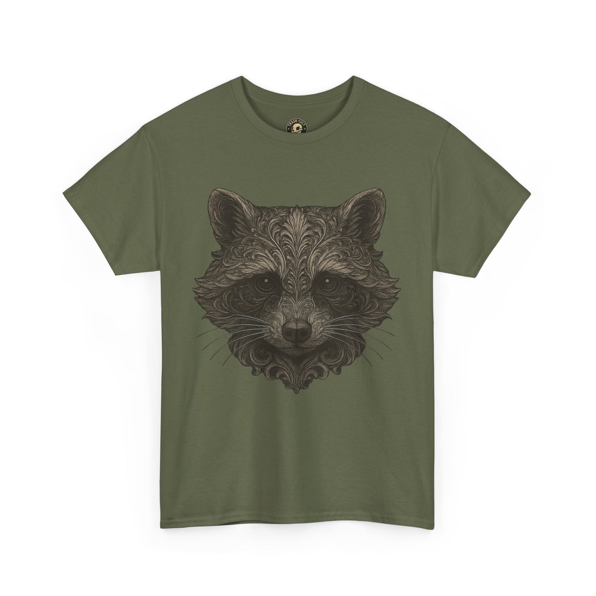 Ornate Raccoon Face Shirt – Intricate Woodland Animal Art Tee – Tattoo-Inspired Forest Aesthetic – Trash Cult Supply Co.