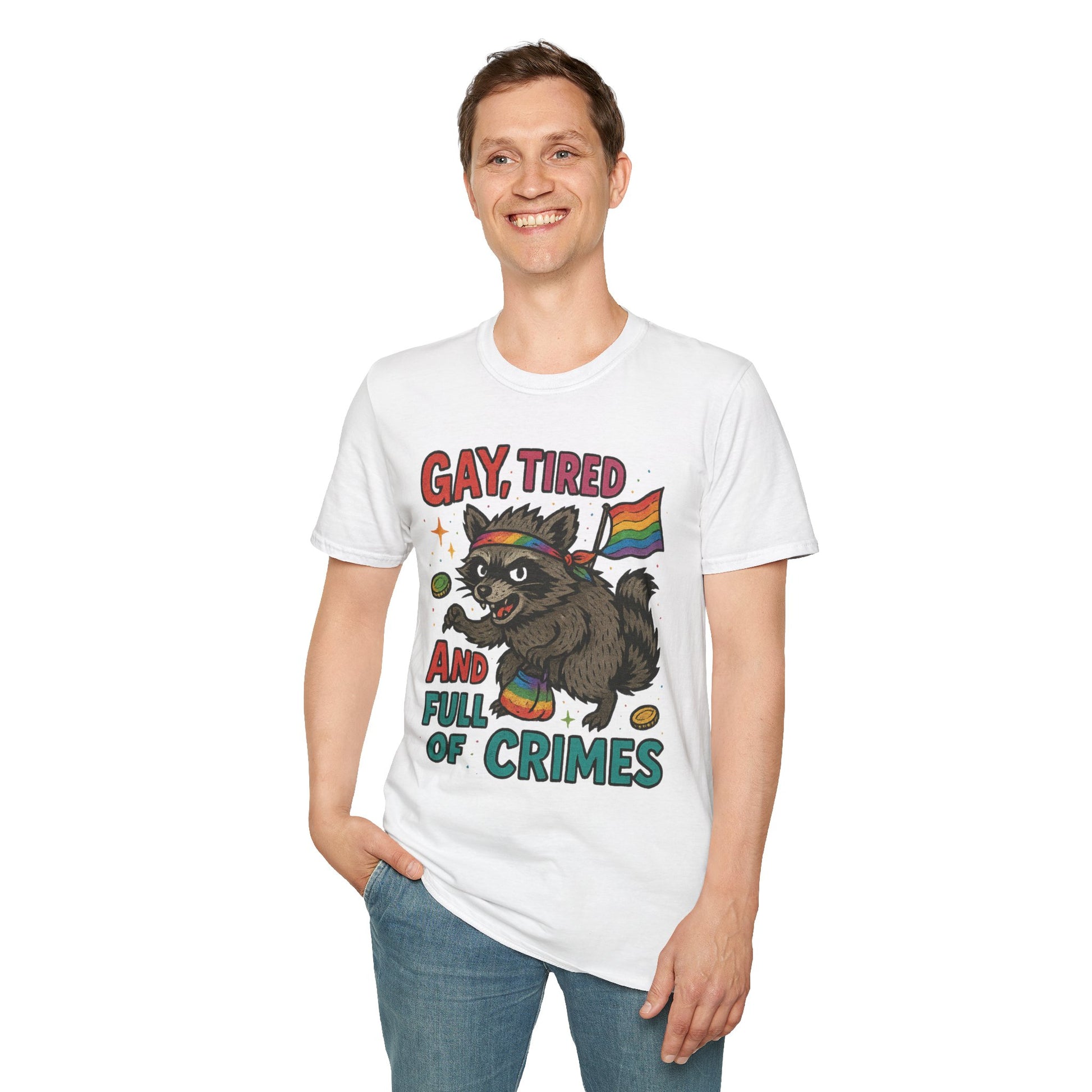 Gay, Tired, and Full of Crimes Raccoon Pride T-Shirt – Gildan Softstyle Unisex Tee