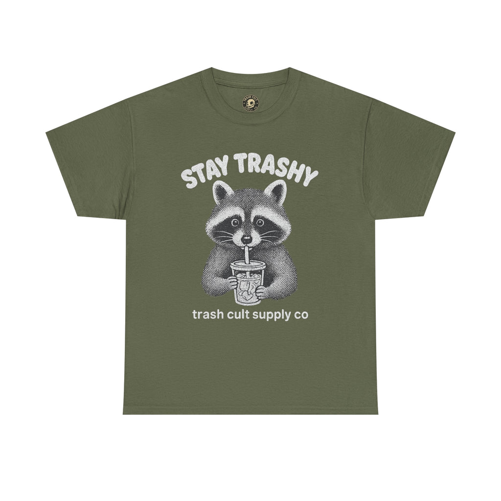 Stay Trashy Raccoon Iced Coffee Shirt – Halftone All White Design | Trash Cult Supply Co.