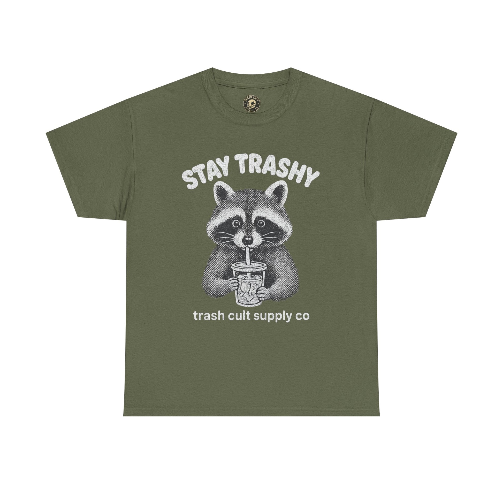 Stay Trashy Raccoon Iced Coffee Shirt – Halftone All White Design | Trash Cult Supply Co.