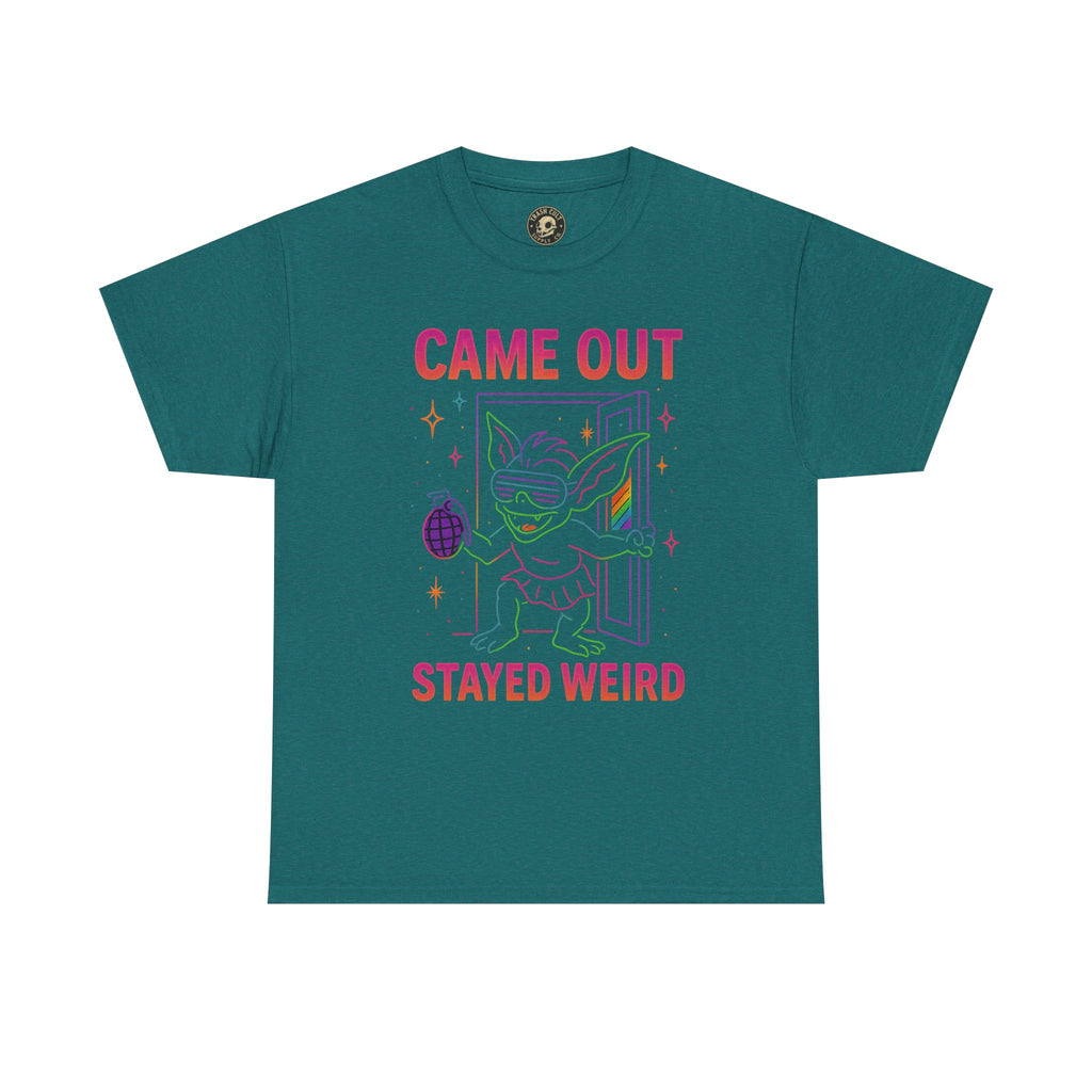 Came Out, Stayed Weird – Neon Gremlin Pride T-Shirt | Gildan Unisex Heavy Cotton Tee | LGBTQ+ Graphic Shirt