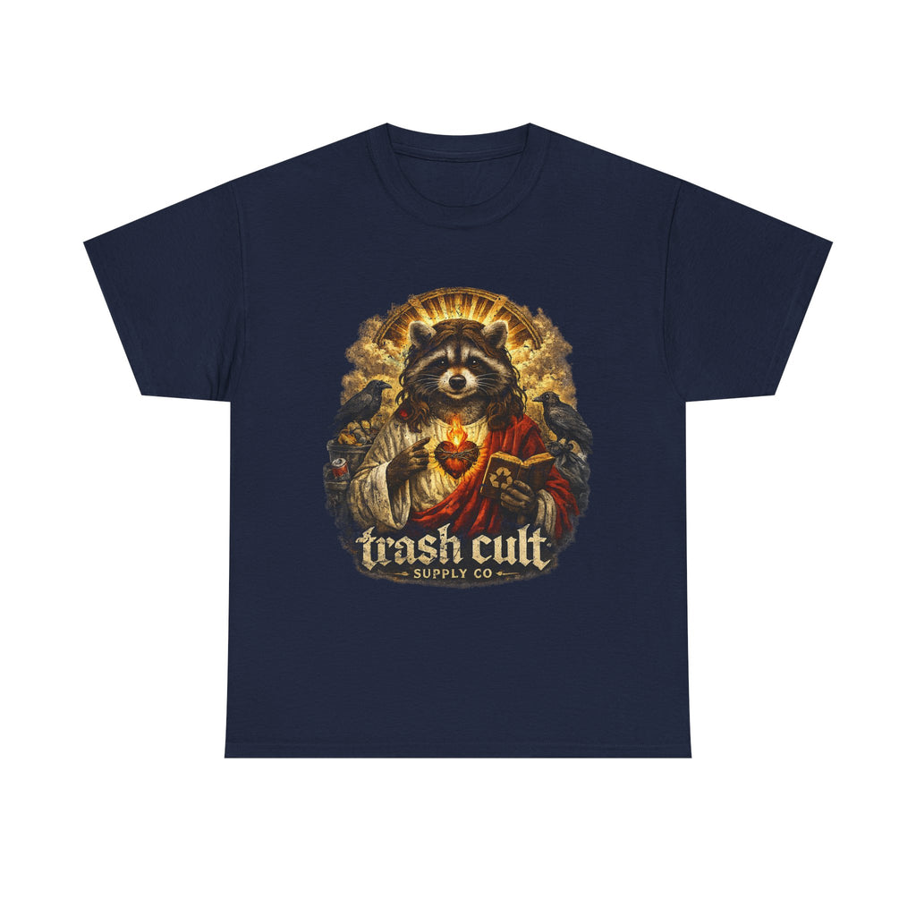 Raccoon Saint Graphic Tee — “Trash Cult” Vintage Devotional Design