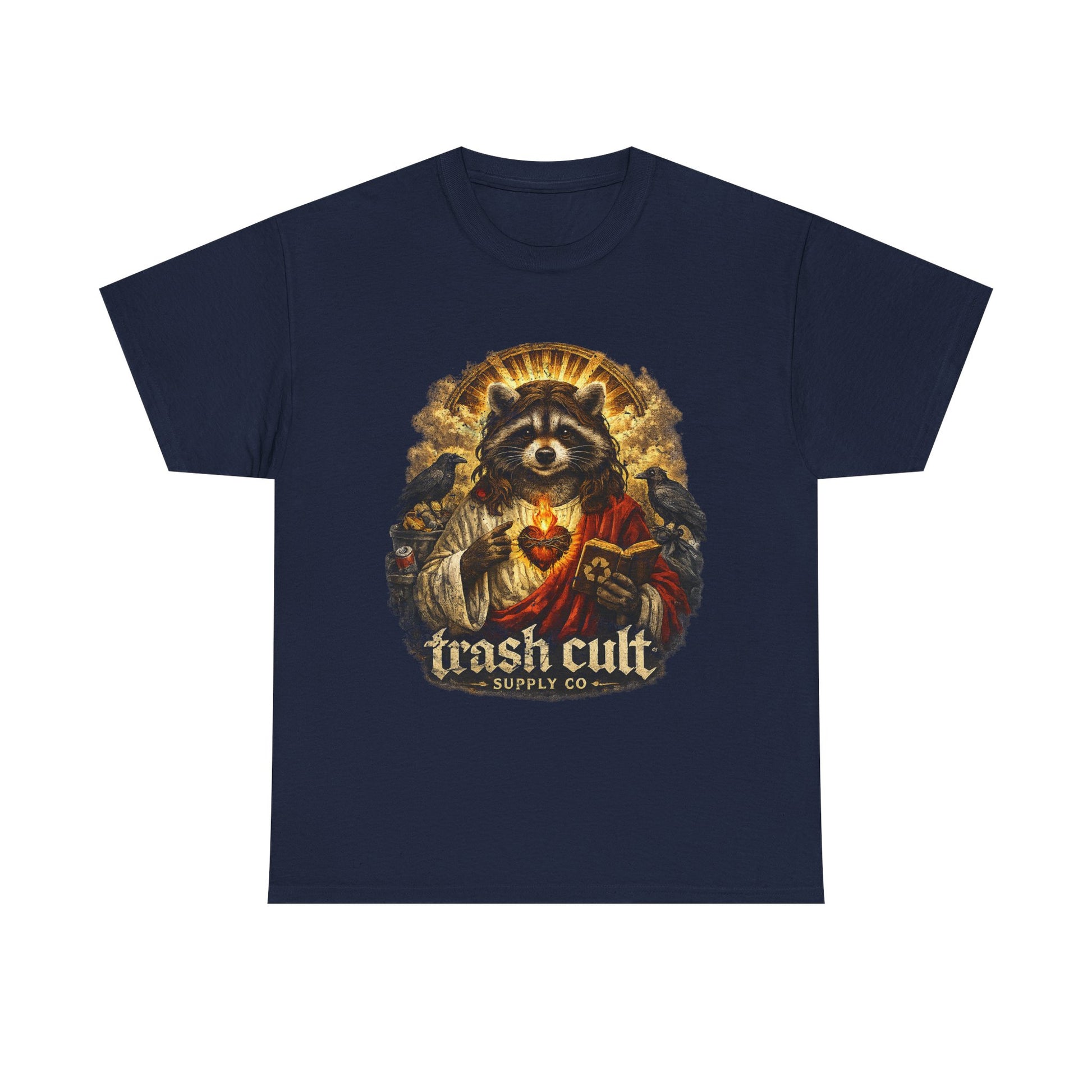Raccoon Saint Graphic Tee — “Trash Cult” Vintage Devotional Design