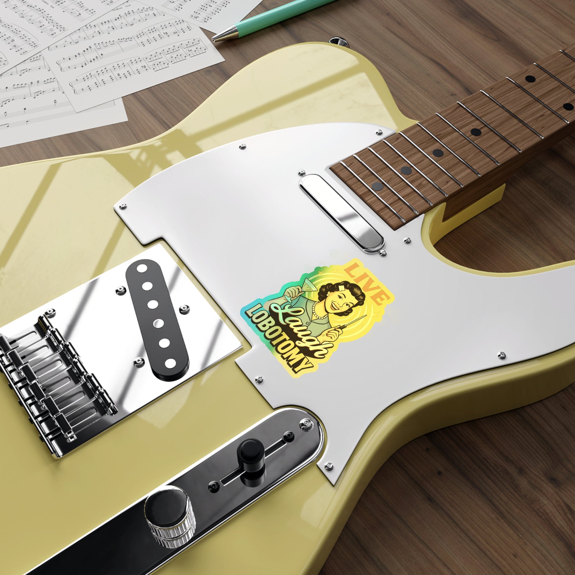 Holographic Die-Cut Stickers: Live Laugh Lobotomy Holographic Sticker – Retro Mental Health Humor Decal