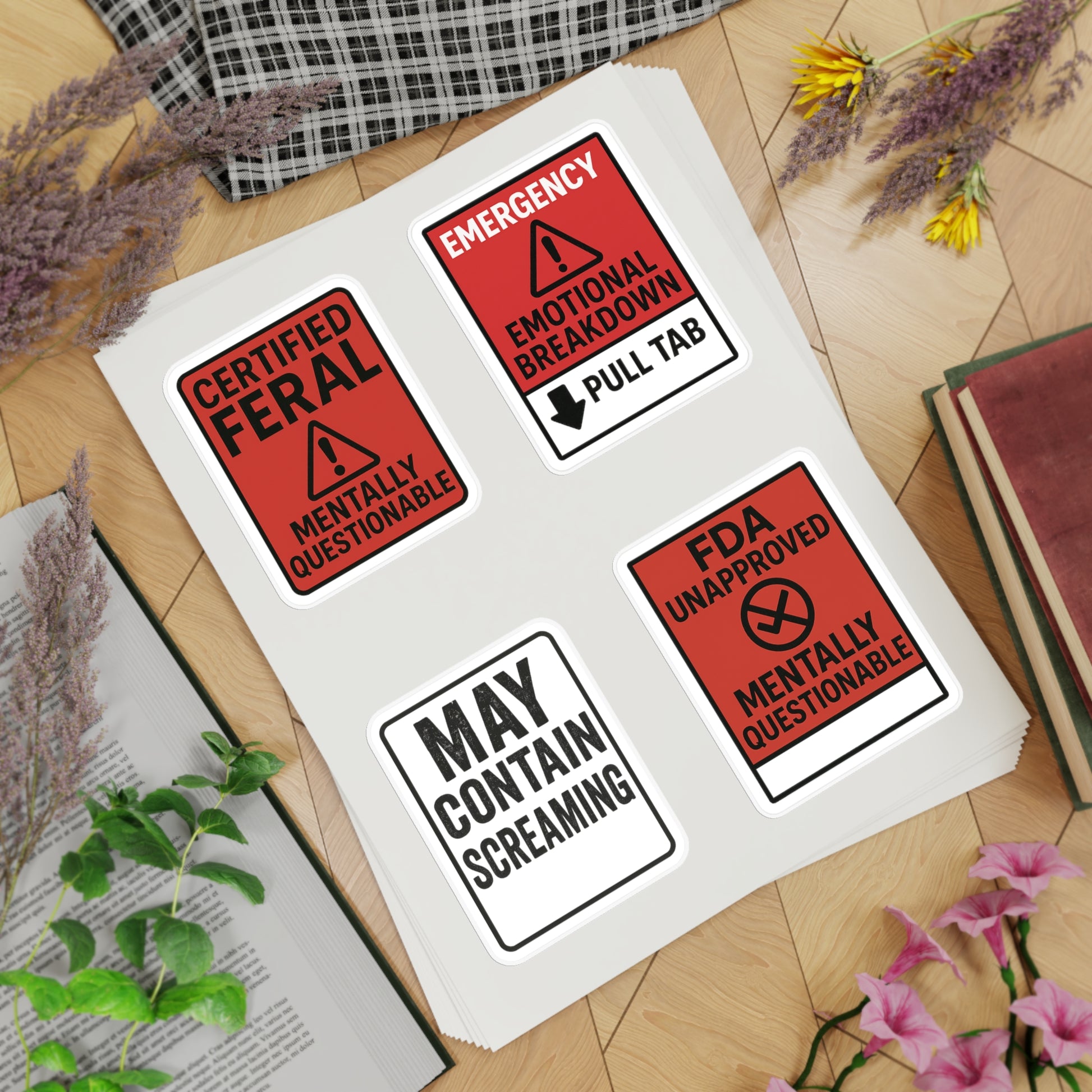 Feral Sticker Sheet Bundle – 10 Bold Mental Health & Chaos-Themed Stickers | Transparent, White & Holographic Vinyl