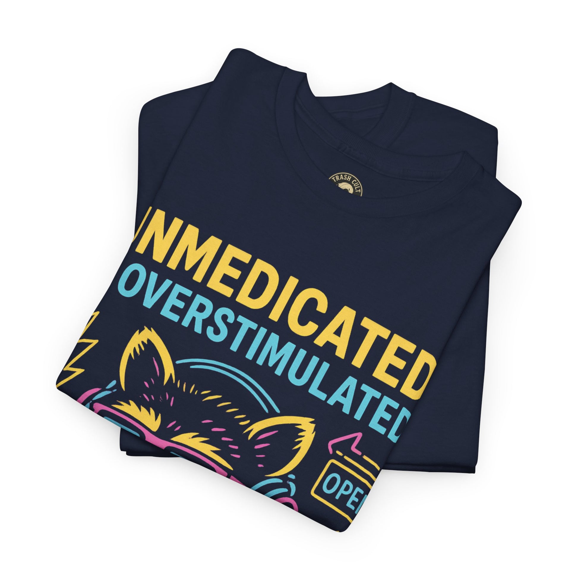 Unmedicated & Overstimulated Neon Raccoon ADHD Shirt – Trash Cult Supply Co. – Gildan 5000