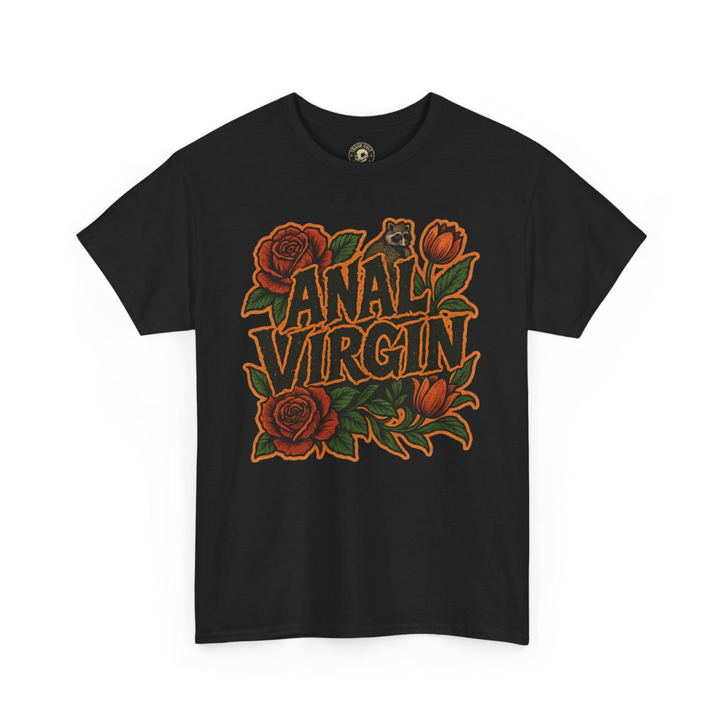 Anal Virgin Bold Floral Trashcore Tee – Funny Raccoon Shirt – Gildan 5000