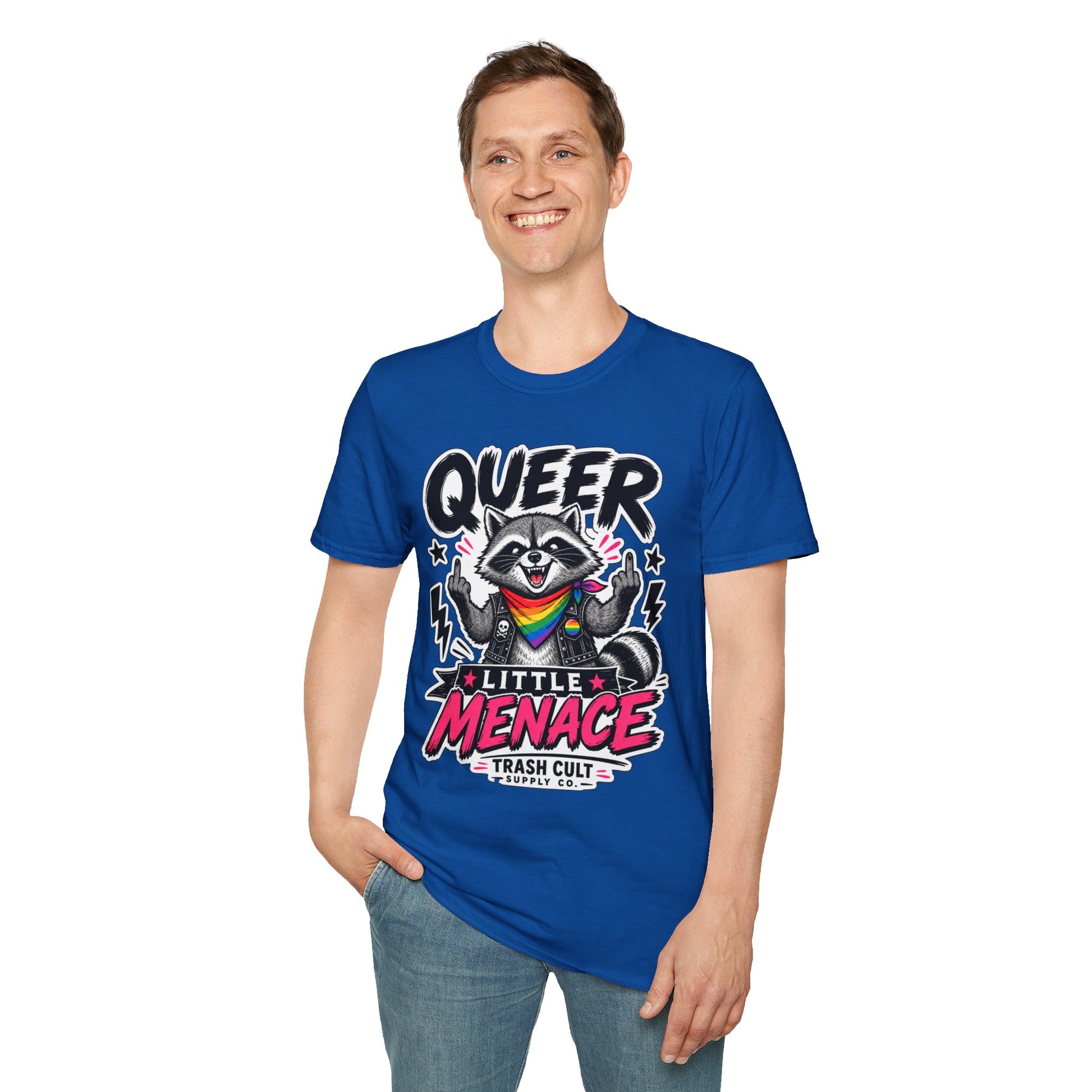 Queer Little Menace T-Shirt — Rainbow Raccoon Pride Graphic