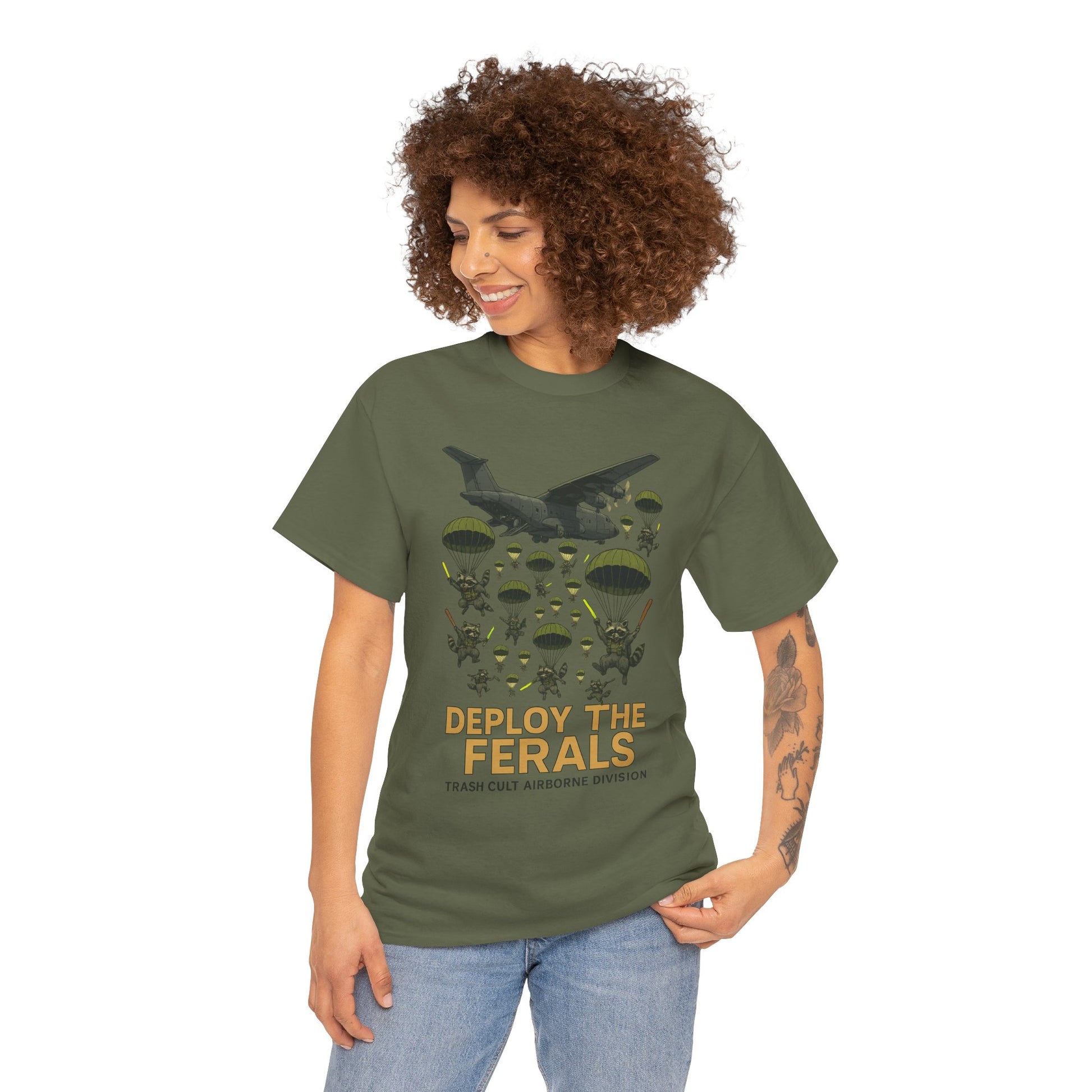 Deploy the Ferals T-Shirt – Airborne Raccoon Drop Graphic | Trash Cult Supply Co. | Gildan 5000 Heavy Cotton Tee