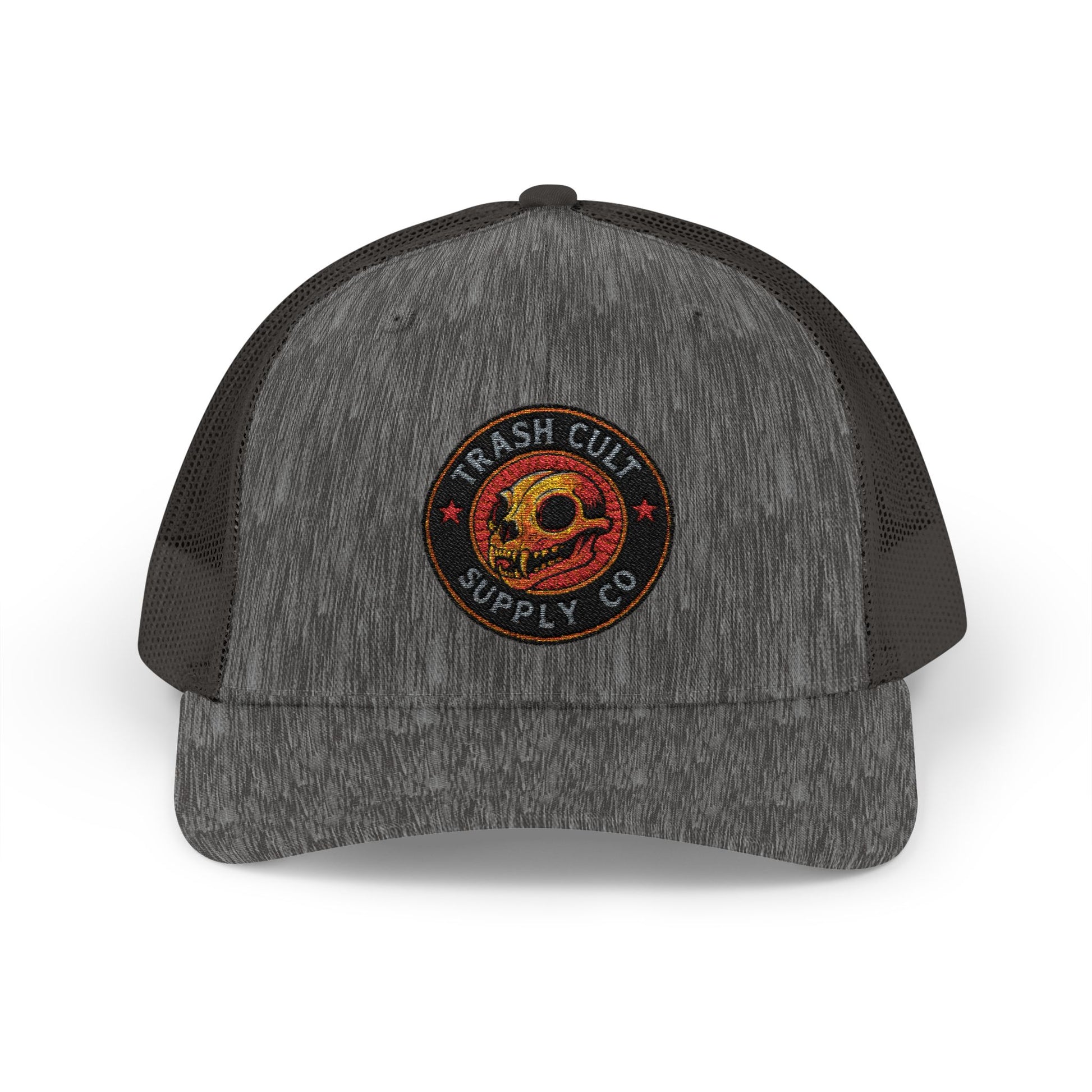 Gray and black trucker hat with a logo on a white background