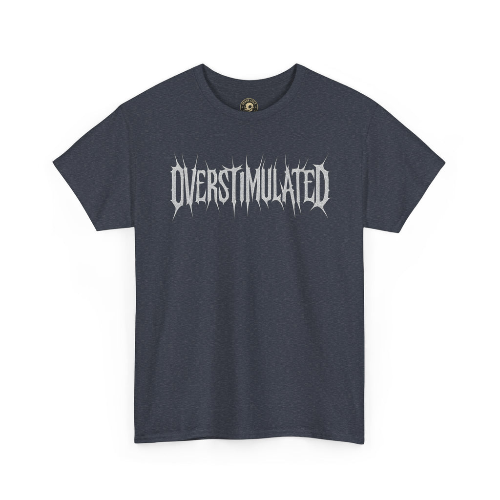 OVERSTIMULATED Metalcore Grunge Shirt – White on Black Distressed Font Tee