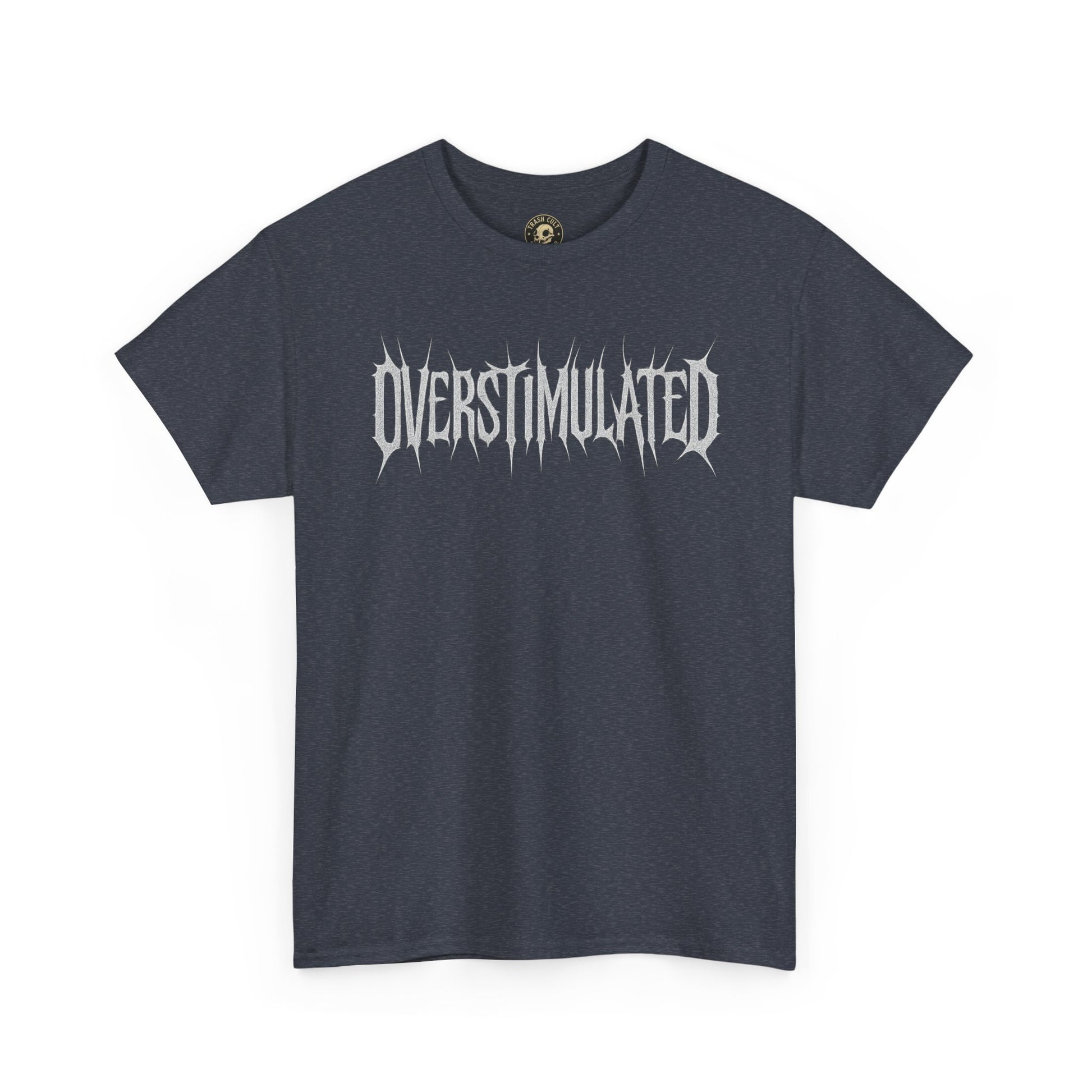 OVERSTIMULATED Metalcore Grunge Shirt – White on Black Distressed Font Tee