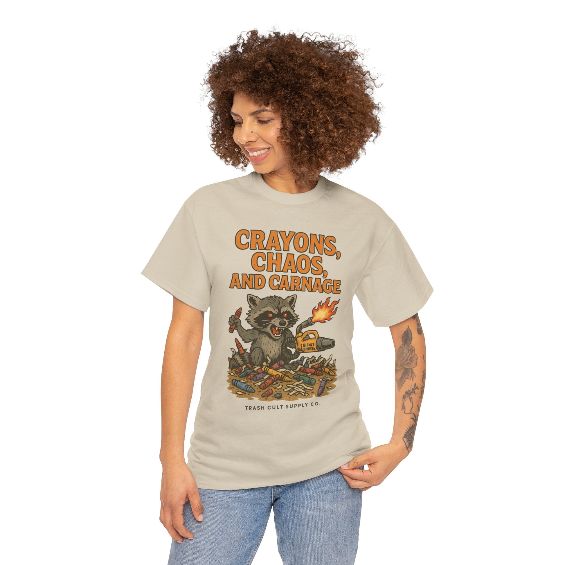 Crayons, Chaos, and Carnage T-Shirt – Dark Humor Raccoon Graphic | Trash Cult Supply Co. | Gildan 5000 Tee