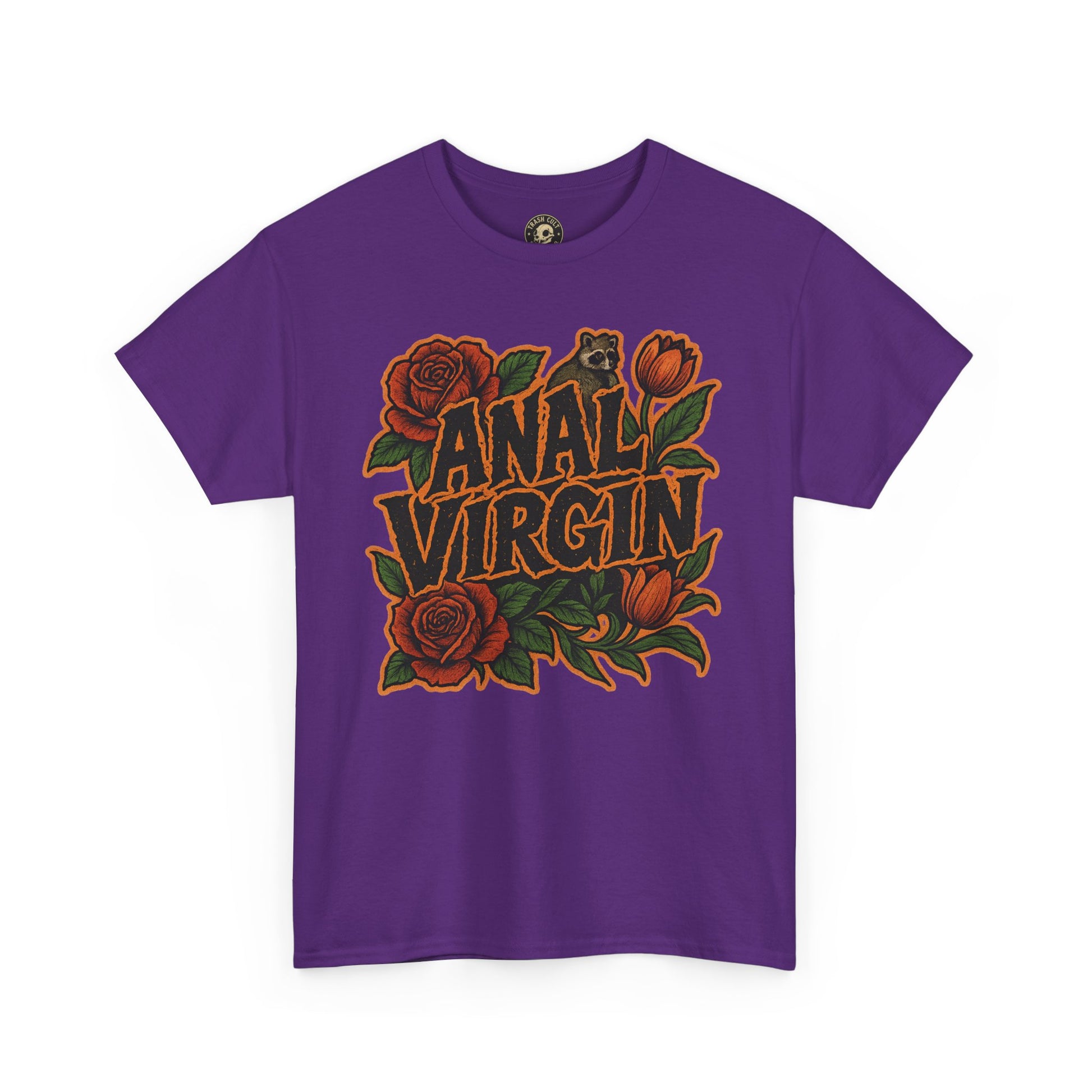 Anal Virgin Bold Floral Trashcore Tee – Funny Raccoon Shirt – Gildan 5000