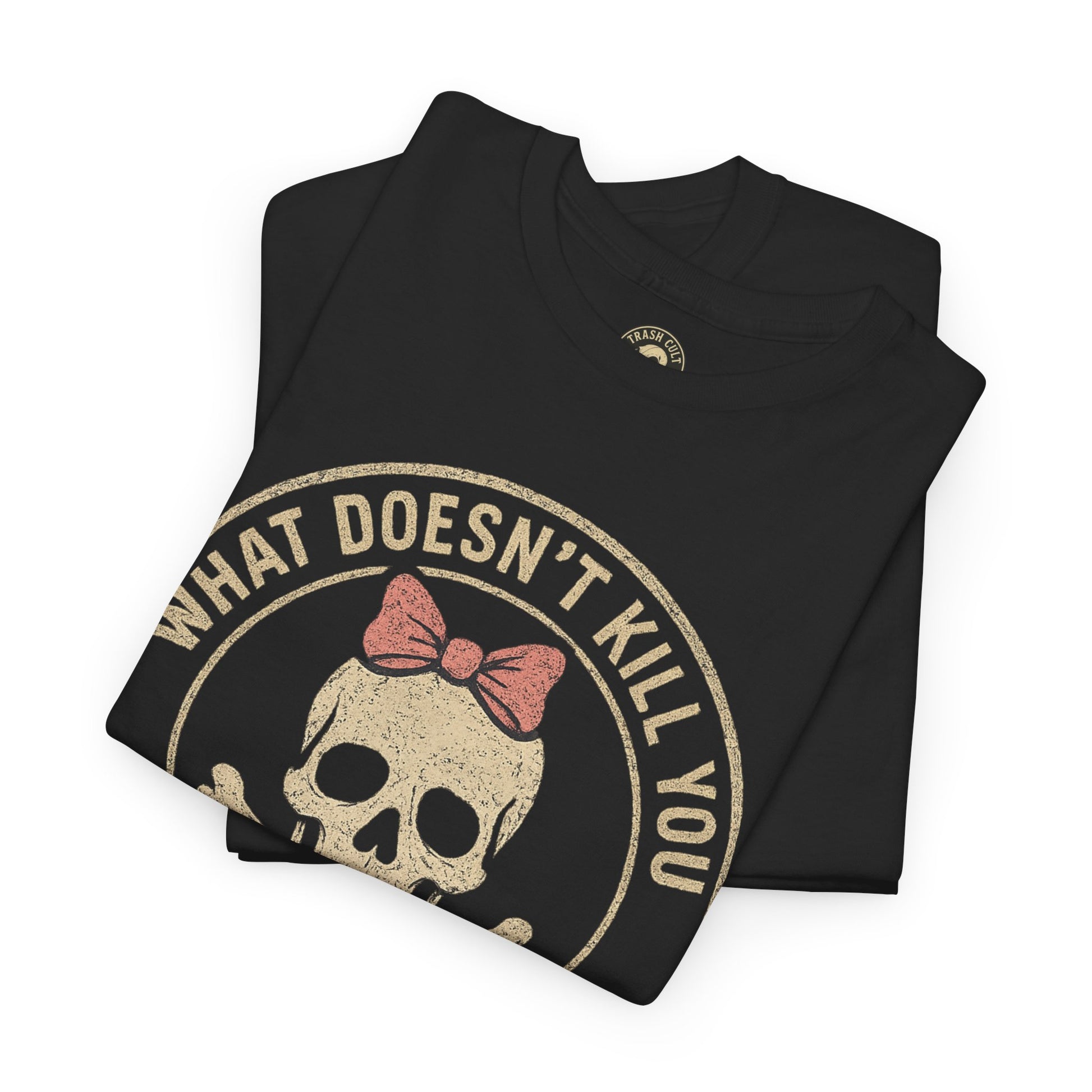“What Doesn’t Kill You Makes You Stronger” Skull & Bow T-Shirt – Vintage Grunge Graphic | Gildan 5000