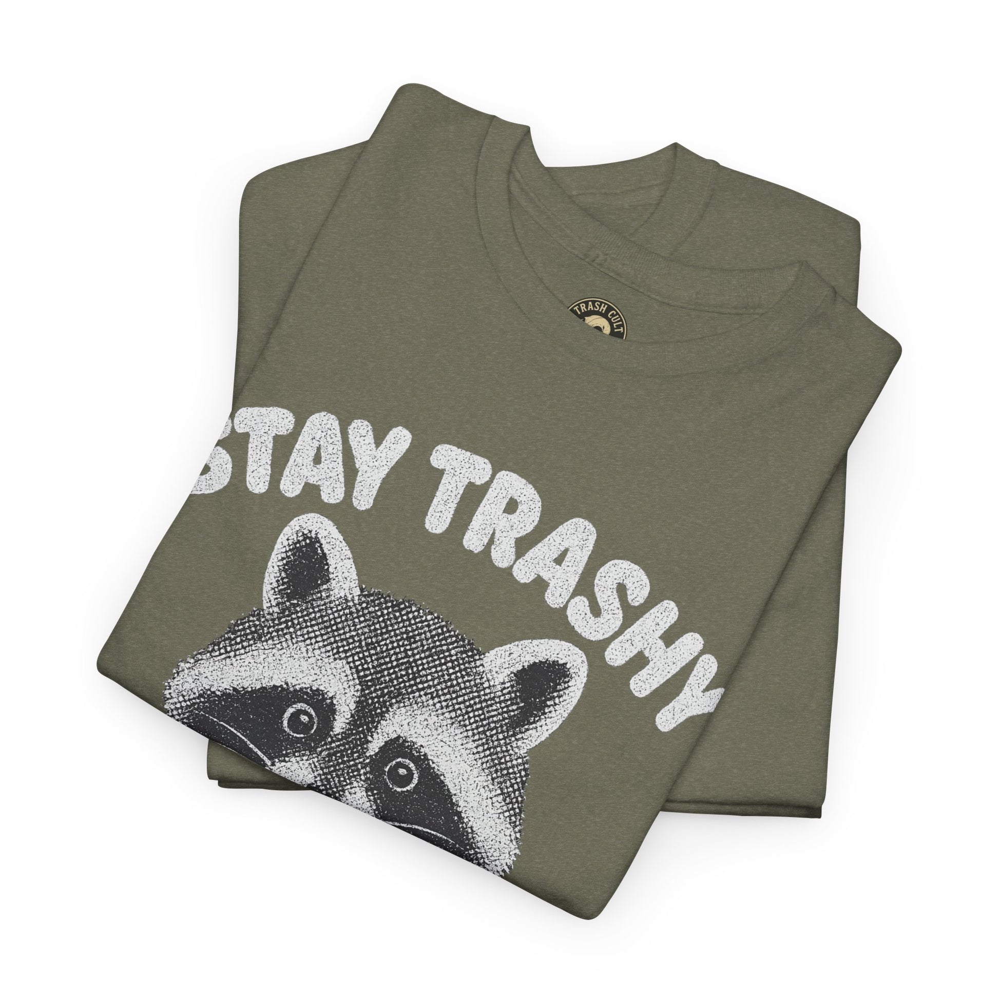Stay Trashy Raccoon Iced Coffee Shirt – Halftone All White Design | Trash Cult Supply Co.