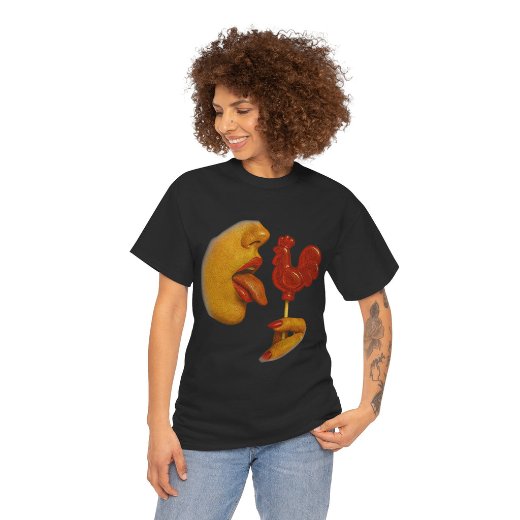 Bold Retro Halftone Tease – Red Rooster Lollipop Graphic Tee