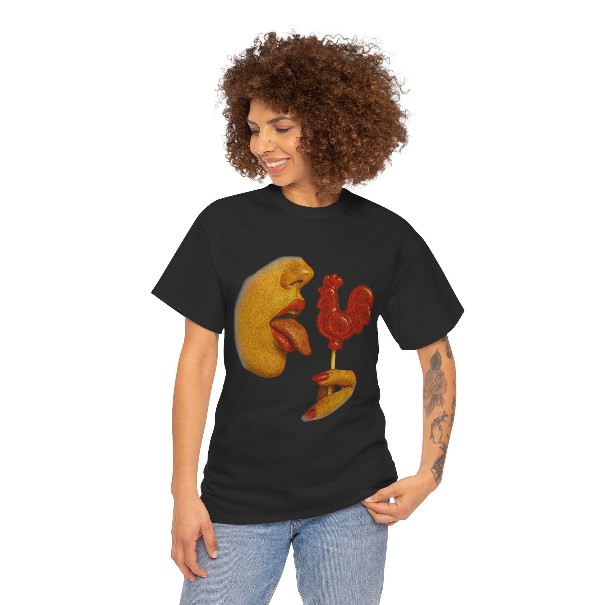 Bold Retro Halftone Tease – Red Rooster Lollipop Graphic Tee