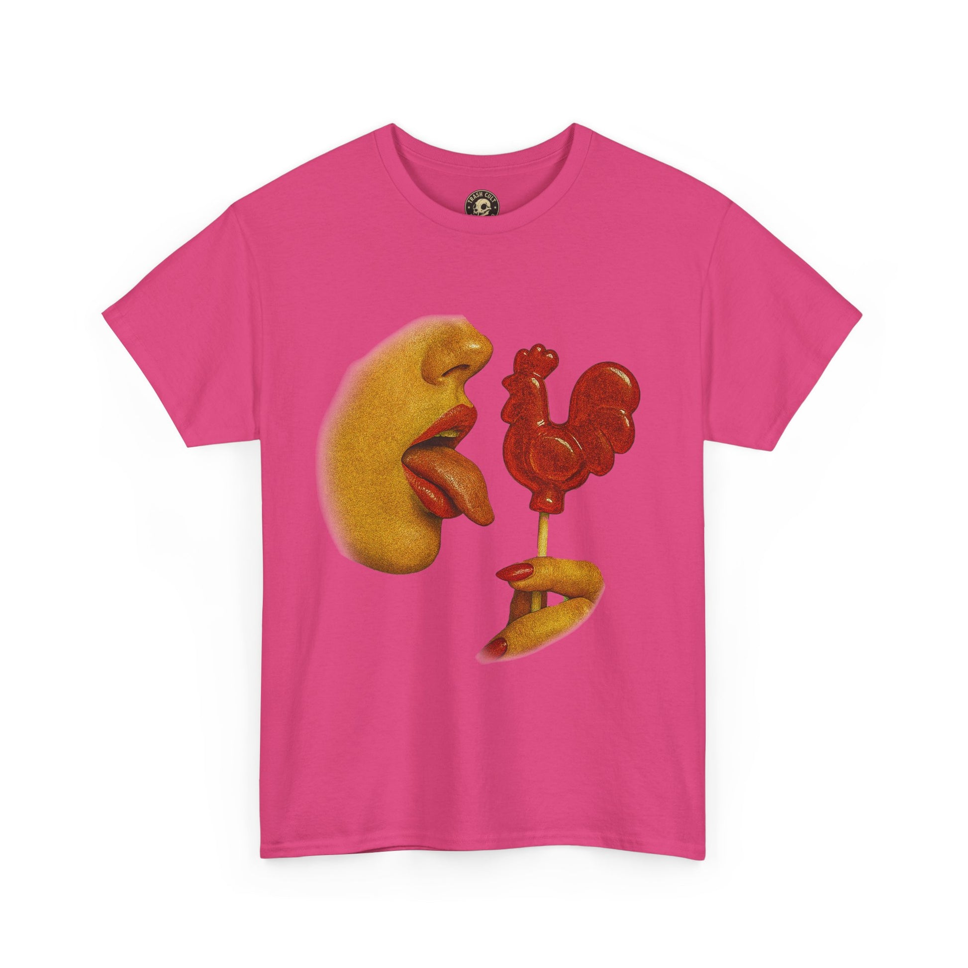 Bold Retro Halftone Tease – Red Rooster Lollipop Graphic Tee