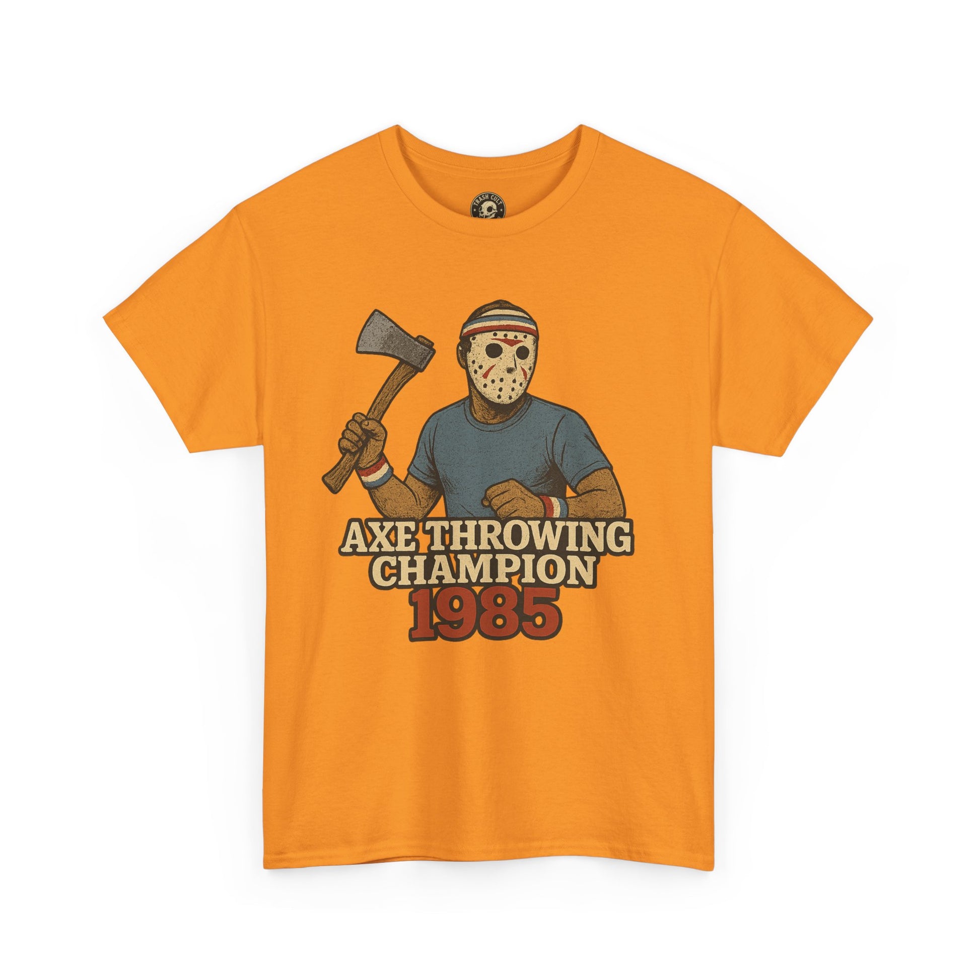 Jason Voorhees Axe Throwing Champion 1985 T-Shirt – Retro Slasher Workout Parody | Gildan 5000 Tee