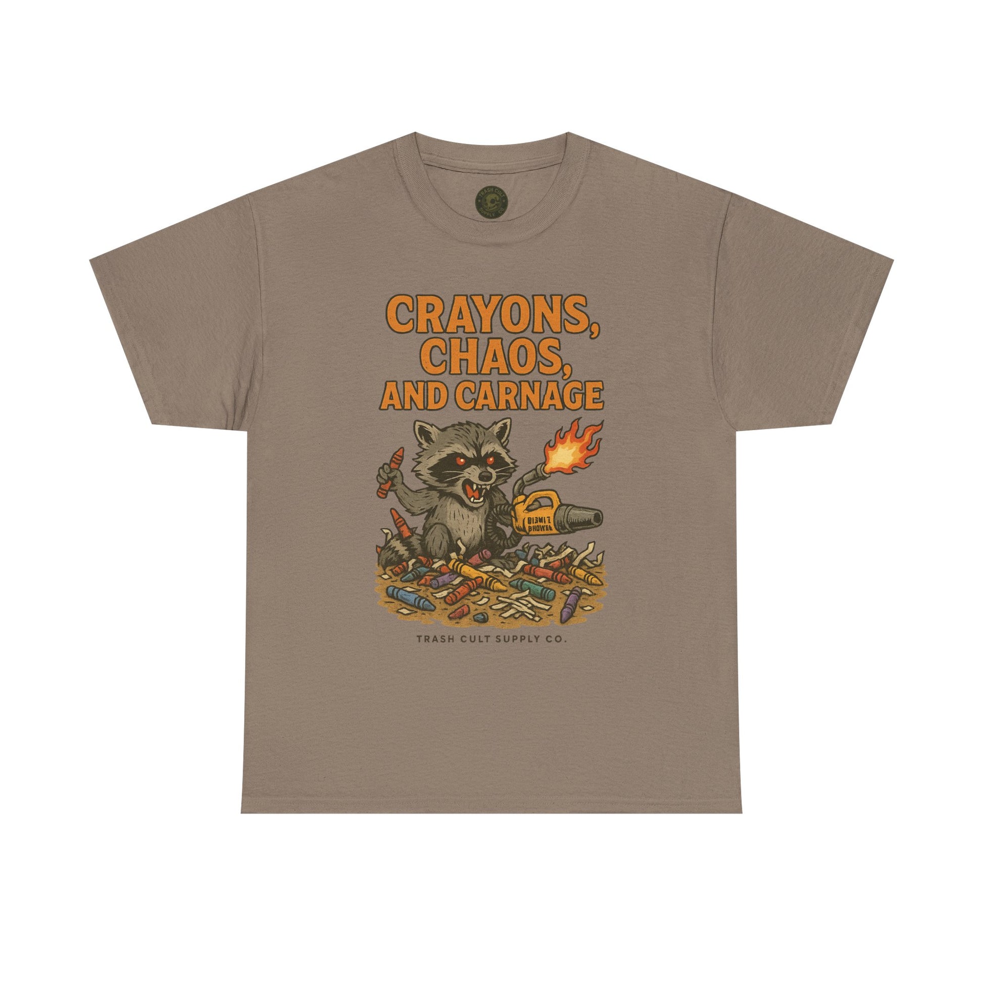 Crayons, Chaos, and Carnage T-Shirt – Dark Humor Raccoon Graphic | Trash Cult Supply Co. | Gildan 5000 Tee
