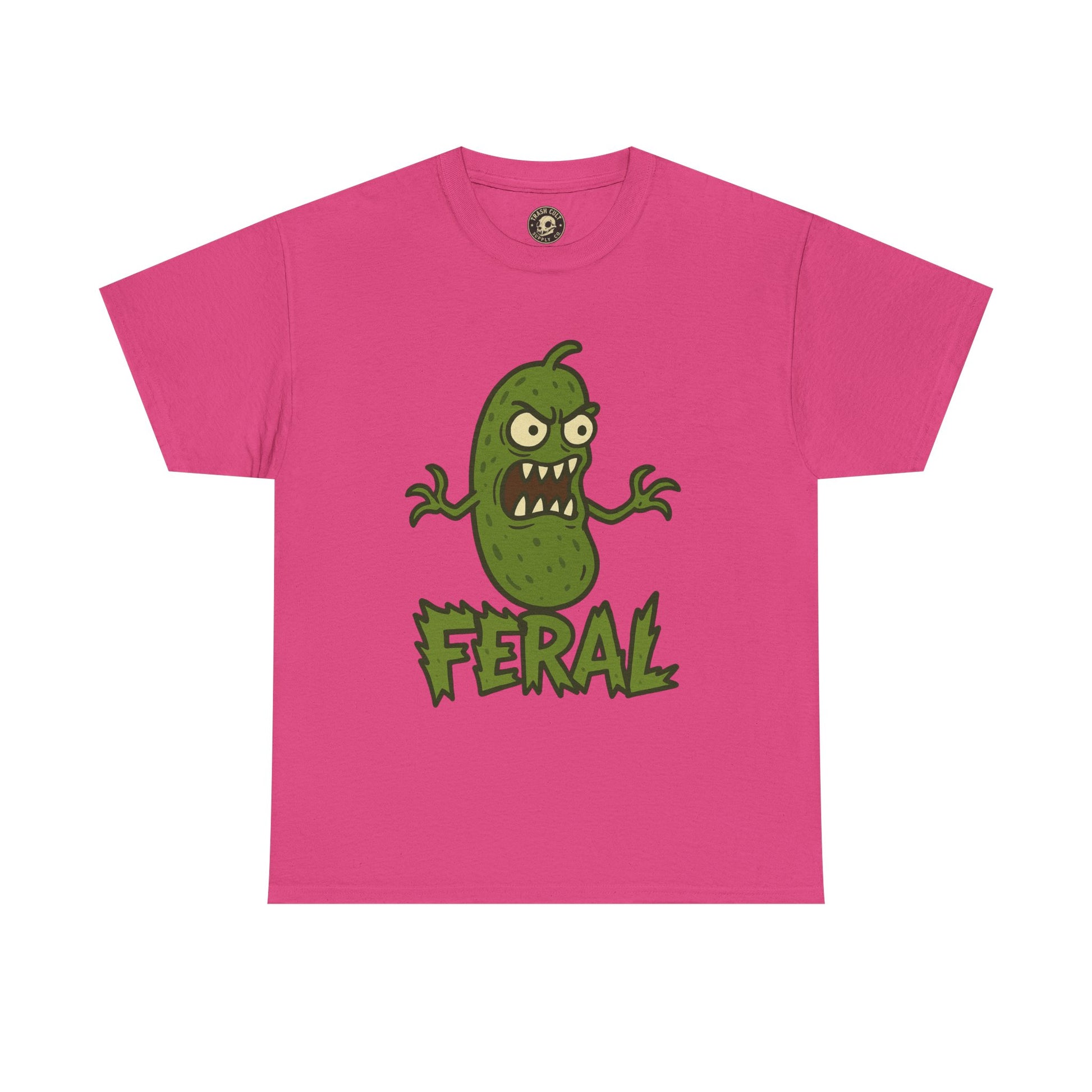 Feral Pickle Cartoon Tee – Trashcore Angry Pickle Shirt – Gildan 5000 Unisex Heavy Cotton