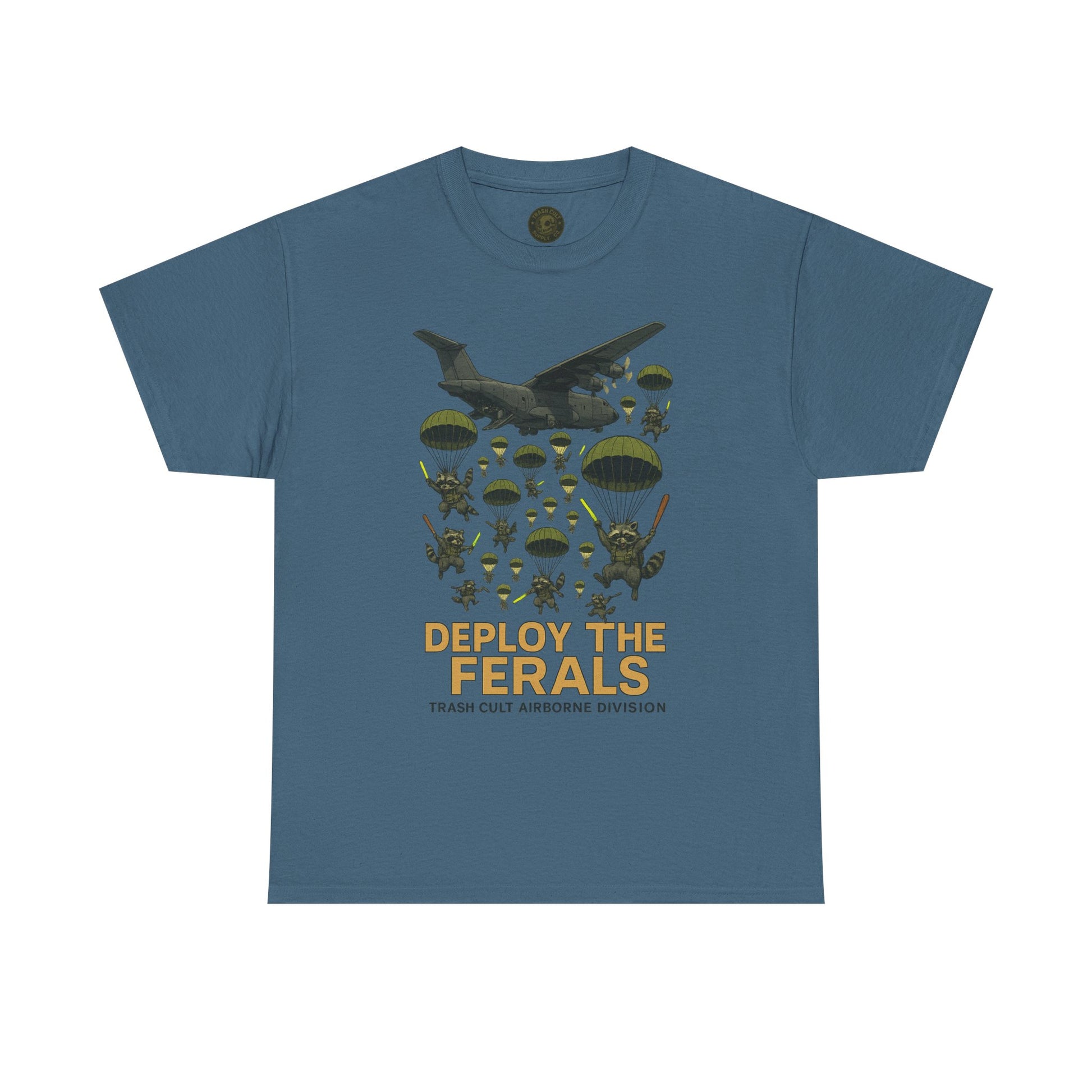 Deploy the Ferals T-Shirt – Airborne Raccoon Drop Graphic | Trash Cult Supply Co. | Gildan 5000 Heavy Cotton Tee