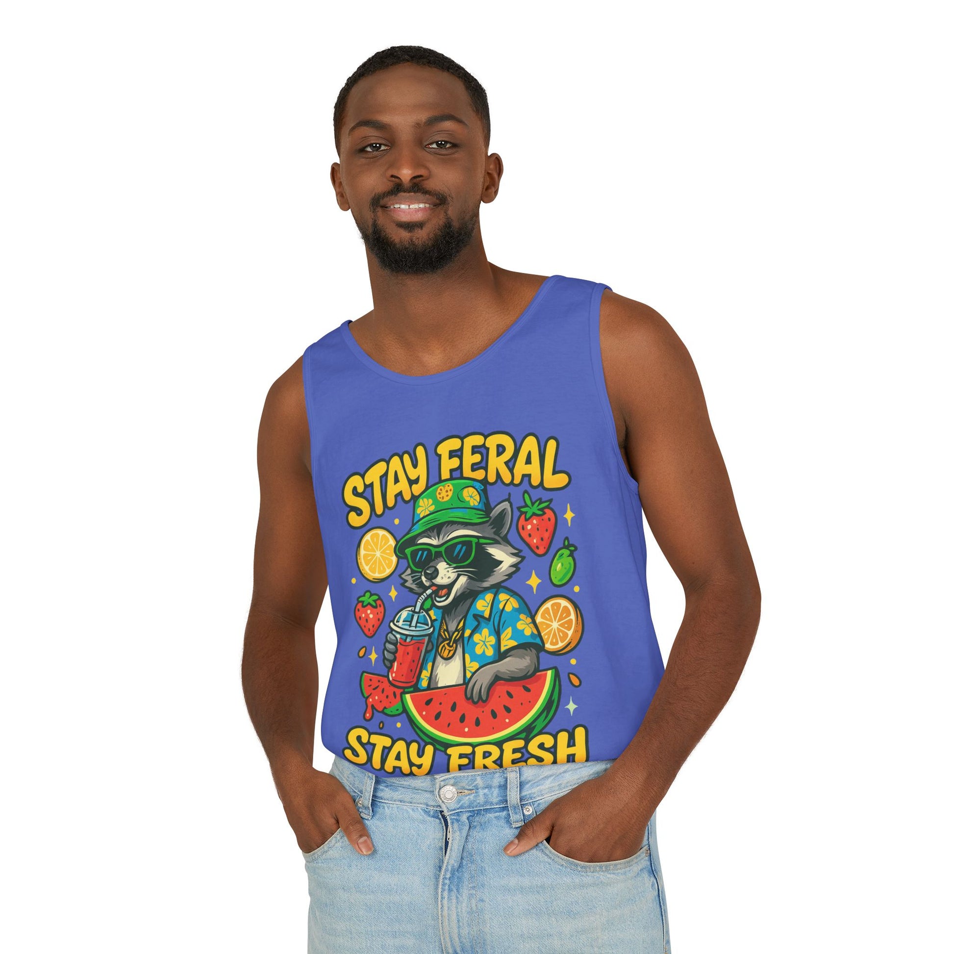 Stay Feral Stay Fresh Tank Top, Summer Apparel, Unisex Graphic Tee, Beachwear, Fun Gift for Animal Lovers