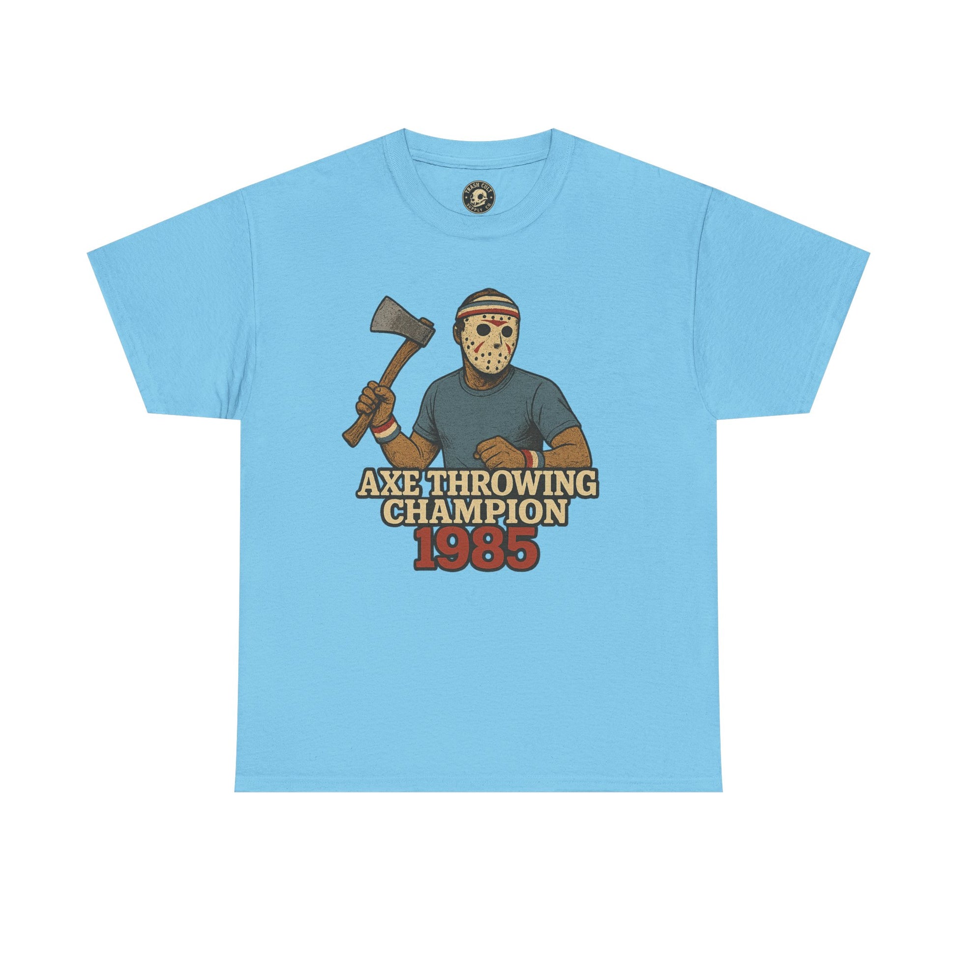 Jason Voorhees Axe Throwing Champion 1985 T-Shirt – Retro Slasher Workout Parody | Gildan 5000 Tee