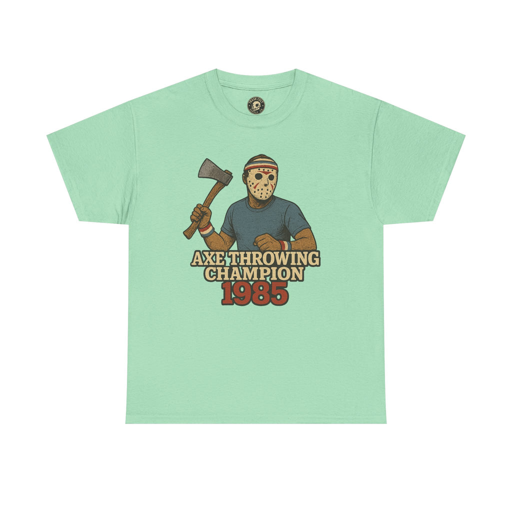 Jason Voorhees Axe Throwing Champion 1985 T-Shirt – Retro Slasher Workout Parody | Gildan 5000 Tee