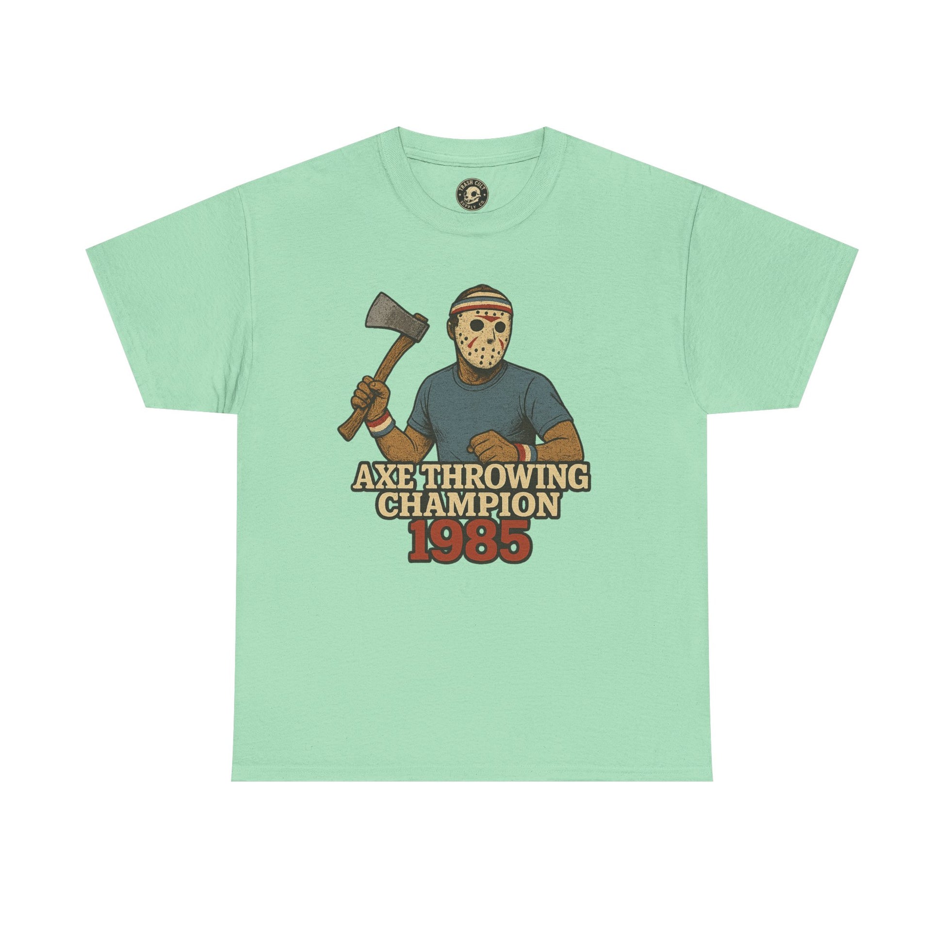 Jason Voorhees Axe Throwing Champion 1985 T-Shirt – Retro Slasher Workout Parody | Gildan 5000 Tee