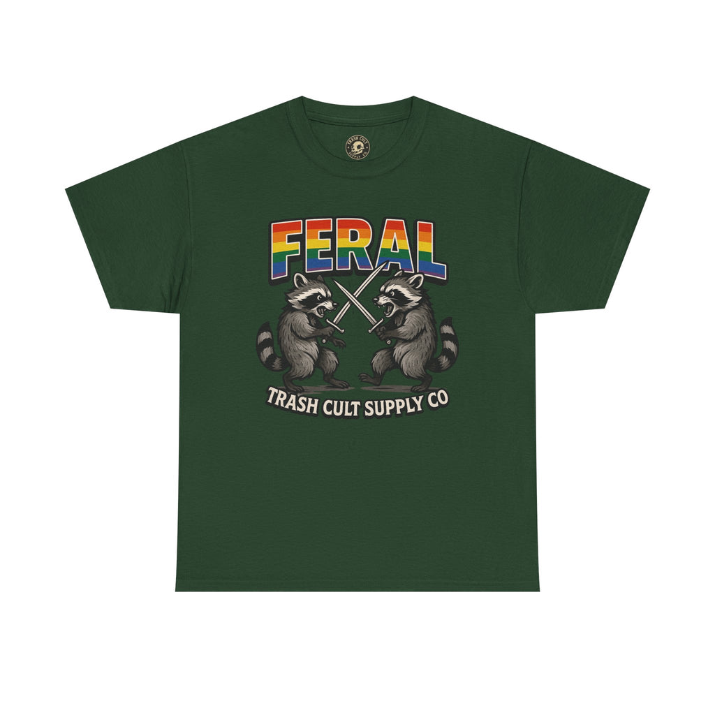 FERAL Rainbow Raccoon Sword Fighting Graphic Tee – Gildan 5000 Heavy Cotton