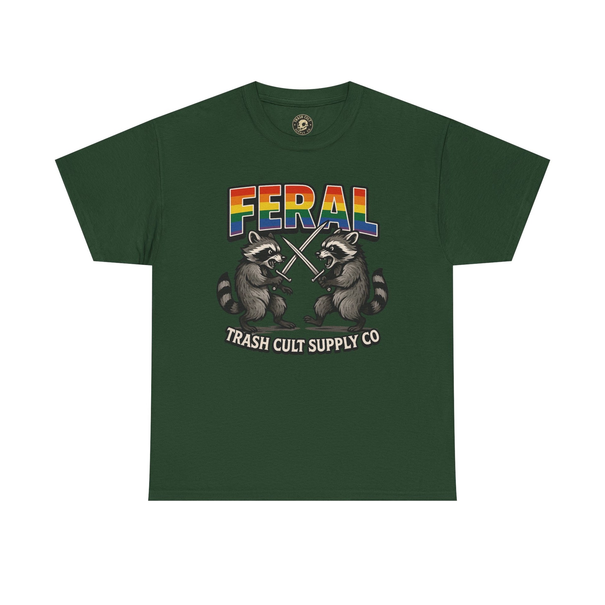 FERAL Rainbow Raccoon Sword Fighting Graphic Tee – Gildan 5000 Heavy Cotton