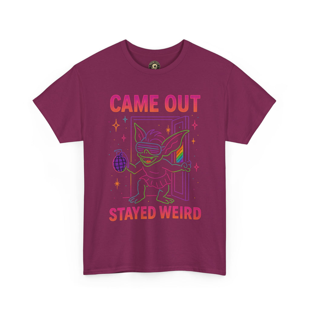 Came Out, Stayed Weird – Neon Gremlin Pride T-Shirt | Gildan Unisex Heavy Cotton Tee | LGBTQ+ Graphic Shirt