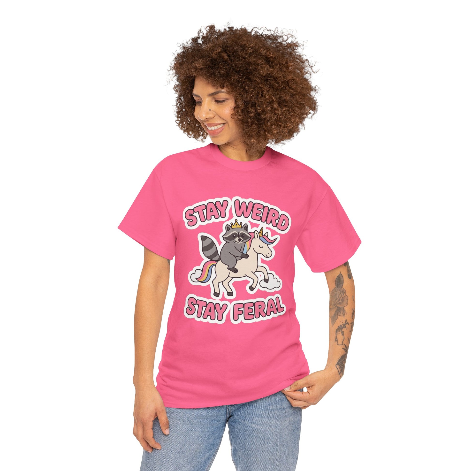 Stay Weird Stay Feral Shirt – Raccoon & Unicorn – High Visibility Gildan 5000 Tee