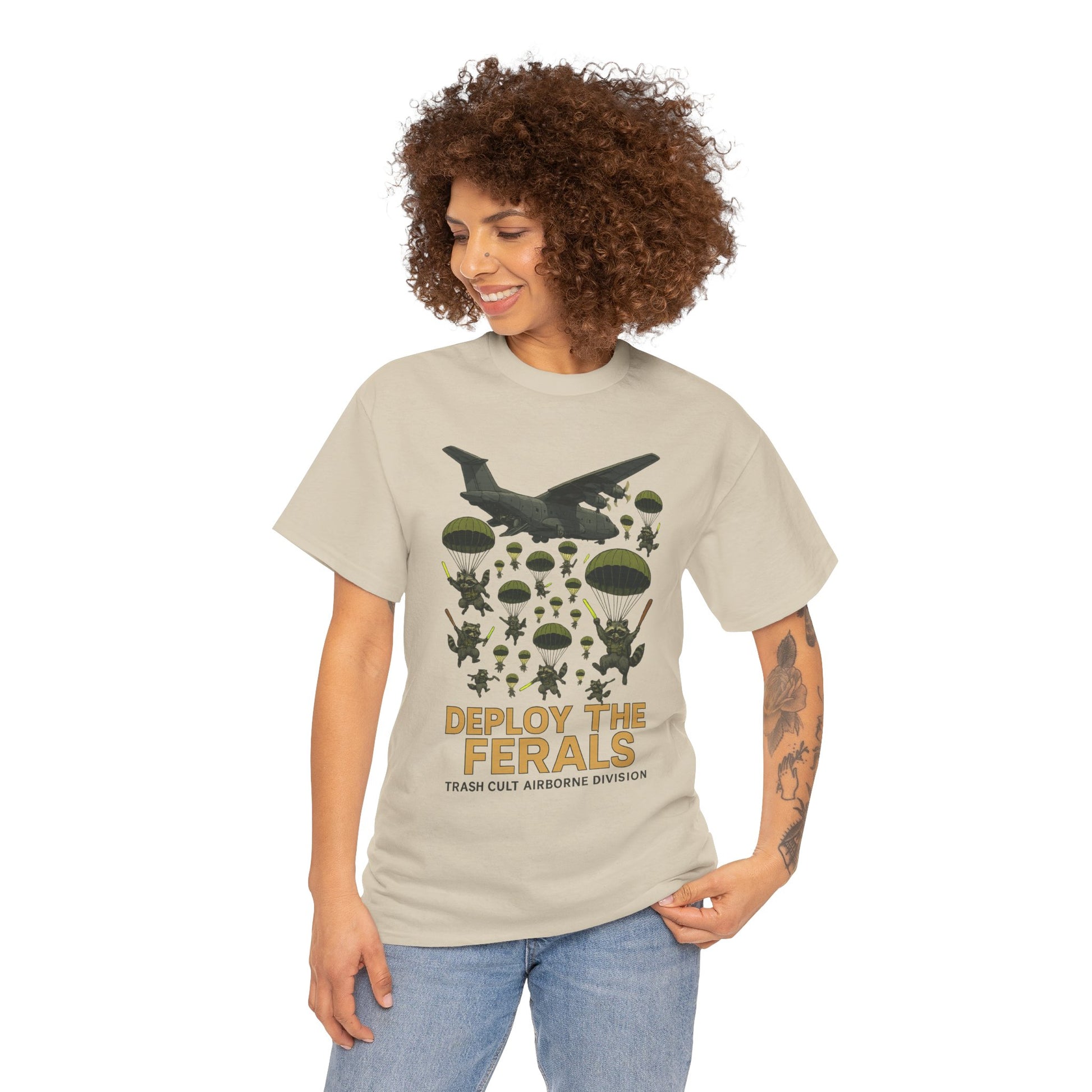 Deploy the Ferals T-Shirt – Airborne Raccoon Drop Graphic | Trash Cult Supply Co. | Gildan 5000 Heavy Cotton Tee