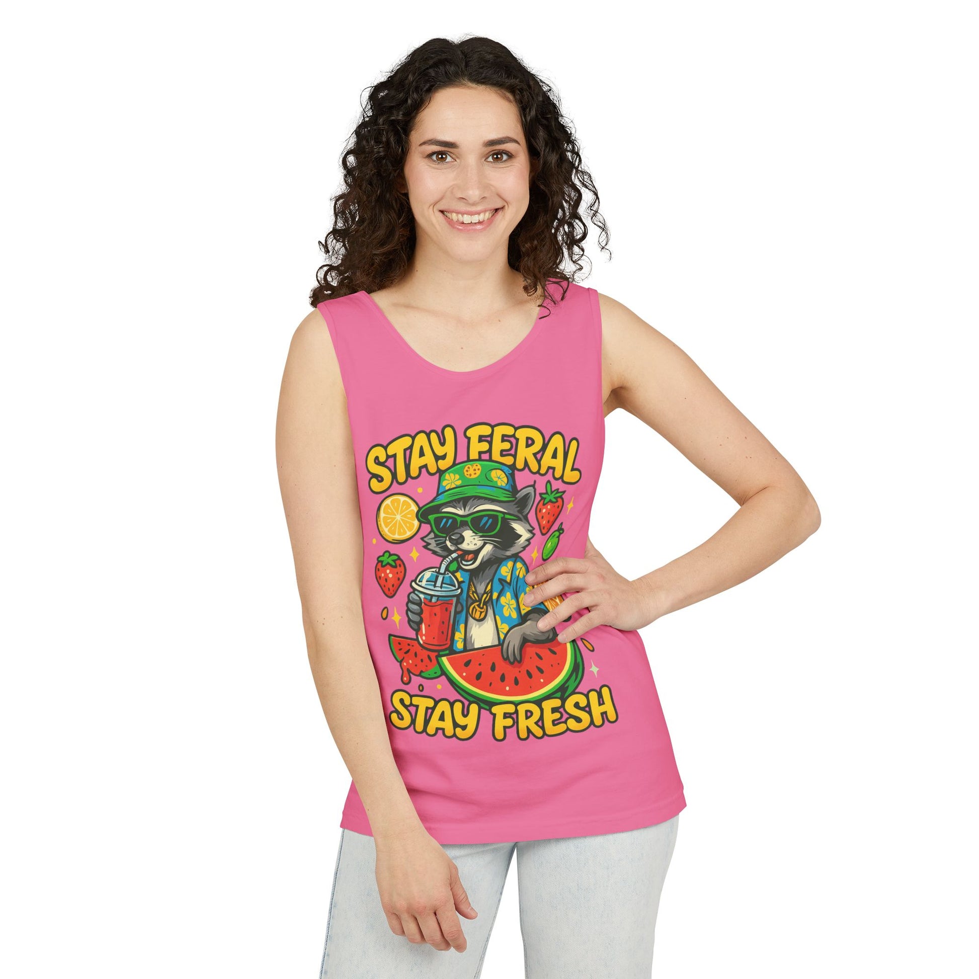 Stay Feral Stay Fresh Tank Top, Summer Apparel, Unisex Graphic Tee, Beachwear, Fun Gift for Animal Lovers