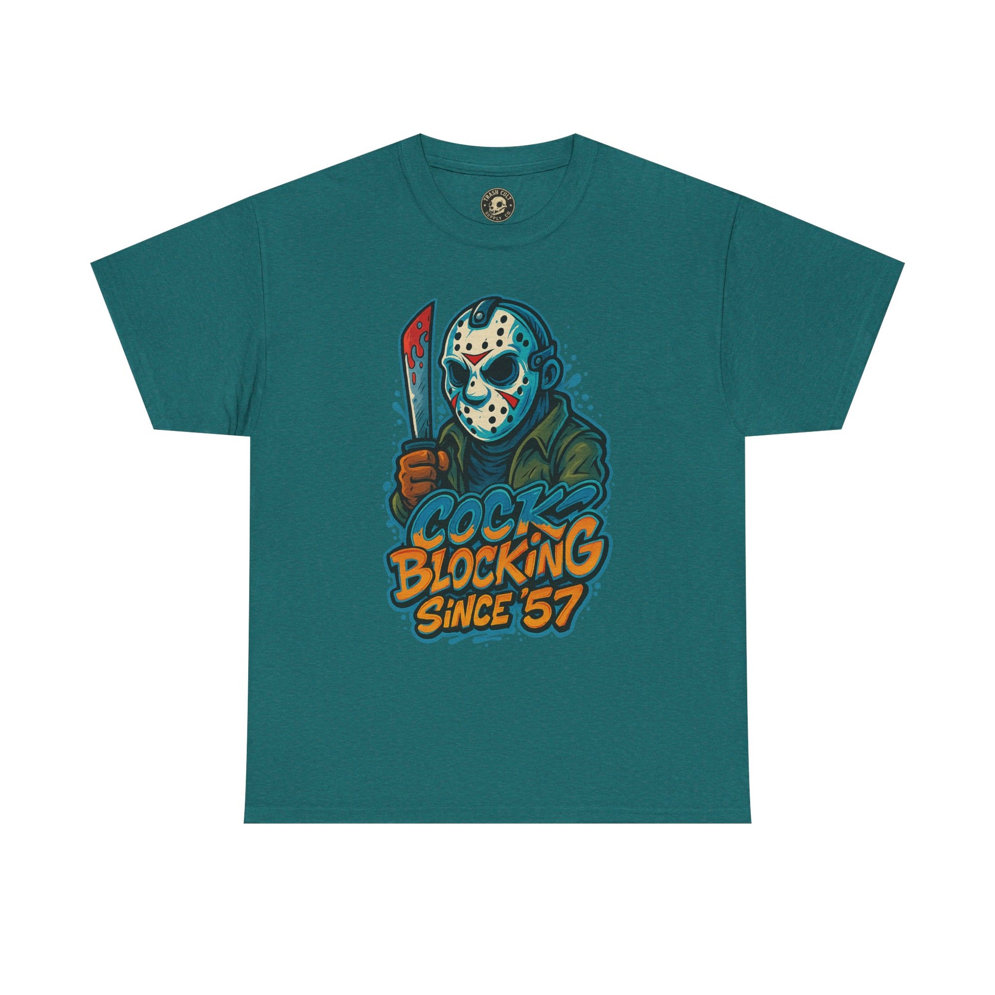 Jason Voorhees “Cock Blocking Since ’57” Funny Horror T-Shirt – Gildan 5000 | Slasher Meme Graphic Tee