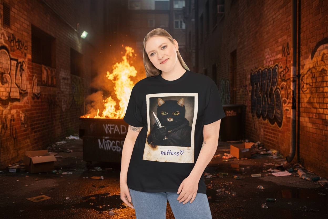 Cat With Knife Tee — "Mittens" Dark Humor Vintage Polaroid Graphic T-Shirt