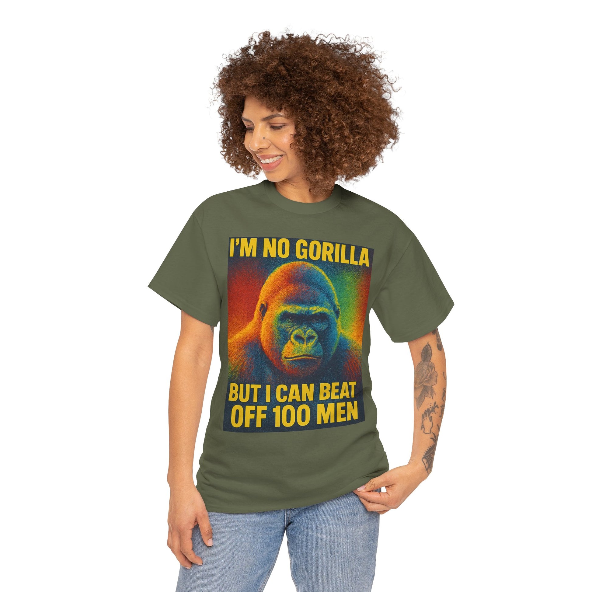 I’m No Gorilla But I Can Beat Off 100 Men Shirt – Multicolor Halftone Gorilla Tee on Gildan 5000