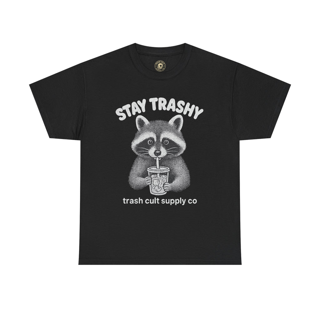 Stay Trashy Raccoon Iced Coffee Shirt – Halftone All White Design | Trash Cult Supply Co.