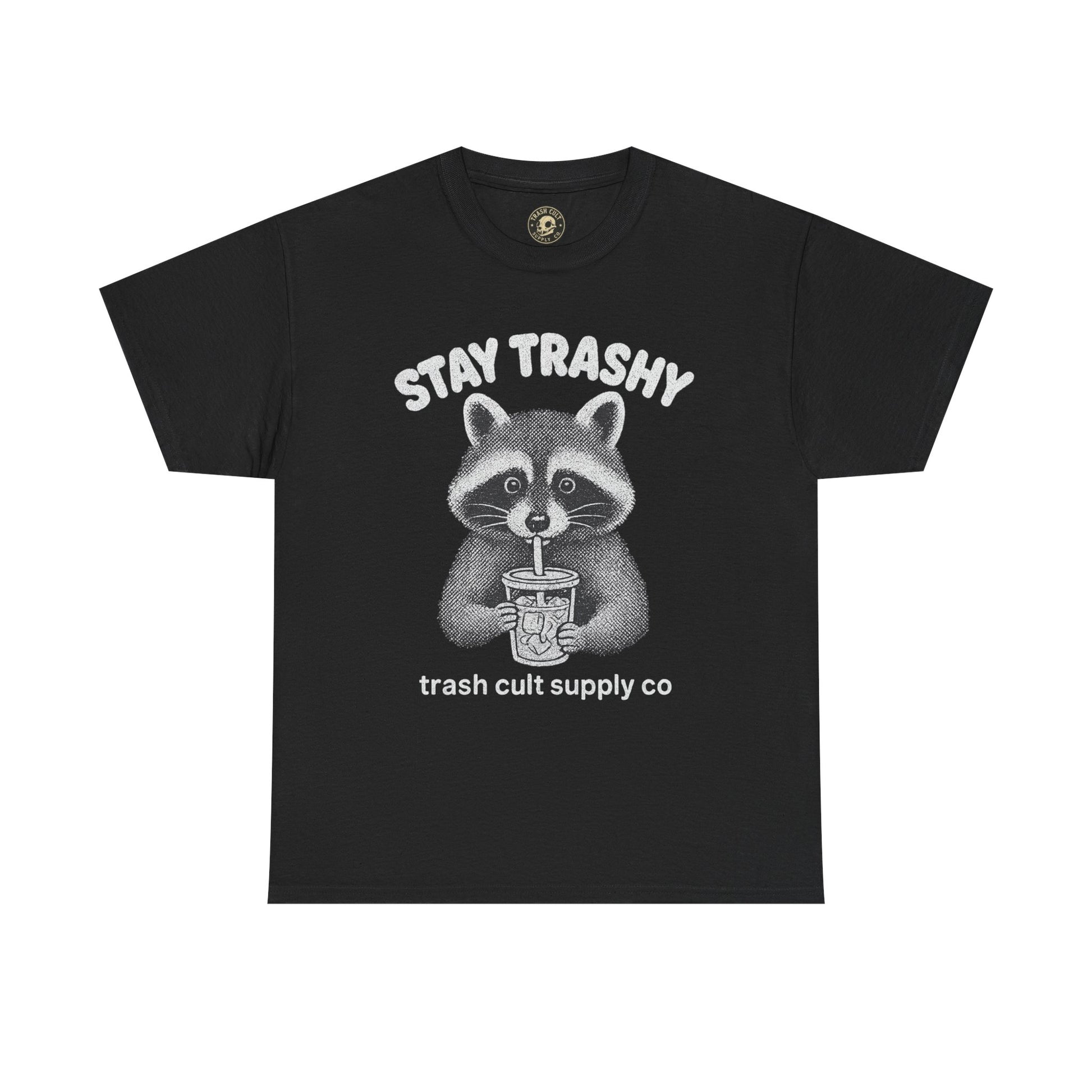 Stay Trashy Raccoon Iced Coffee Shirt – Halftone All White Design | Trash Cult Supply Co.