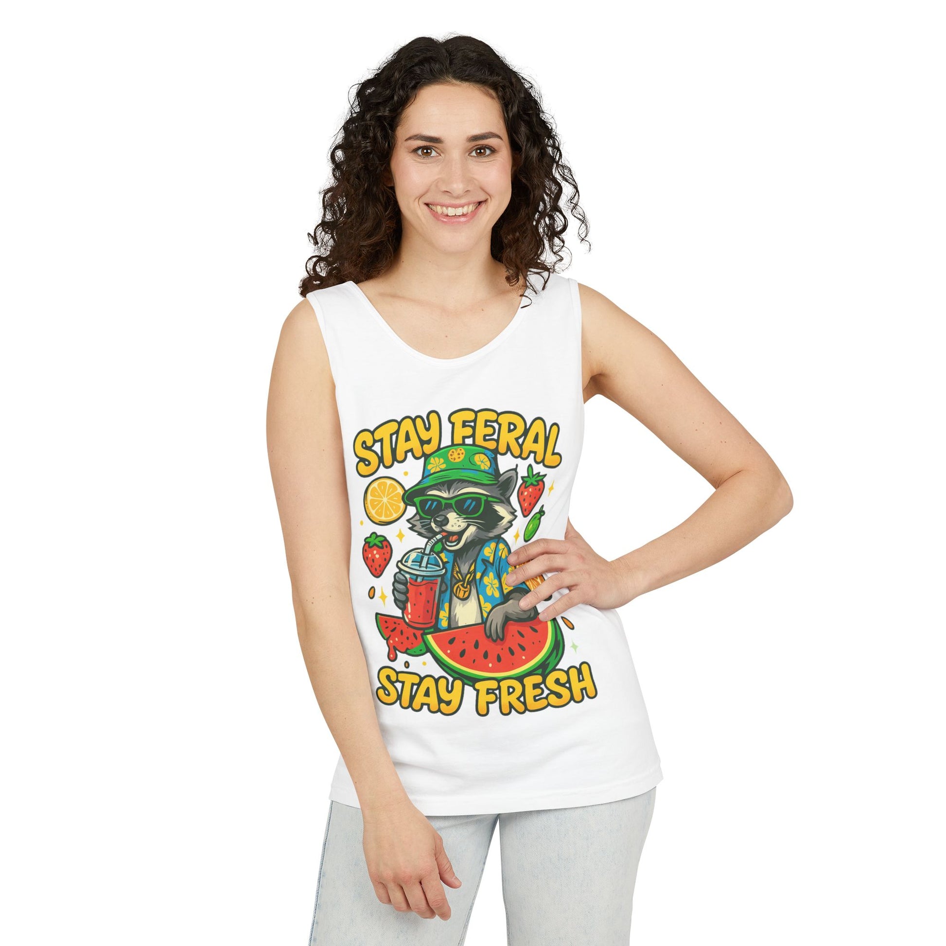 Stay Feral Stay Fresh Tank Top, Summer Apparel, Unisex Graphic Tee, Beachwear, Fun Gift for Animal Lovers