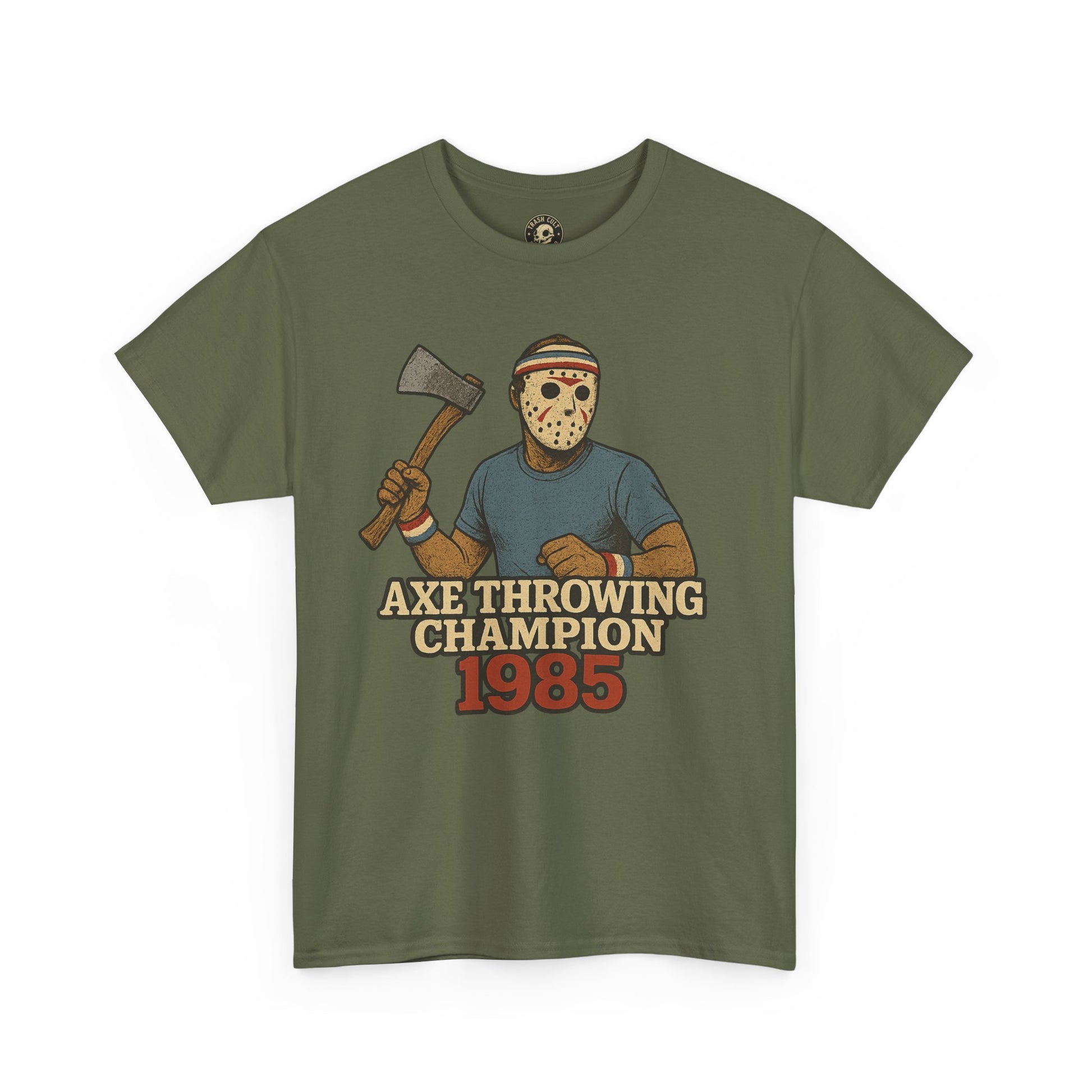 Jason Voorhees Axe Throwing Champion 1985 T-Shirt – Retro Slasher Workout Parody | Gildan 5000 Tee