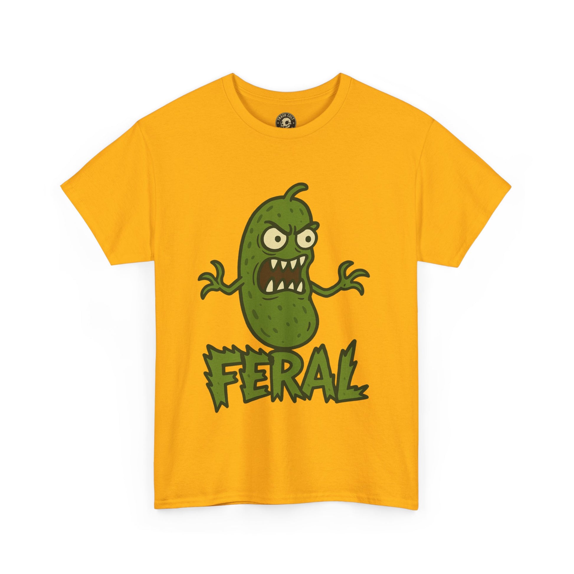 Feral Pickle Cartoon Tee – Trashcore Angry Pickle Shirt – Gildan 5000 Unisex Heavy Cotton