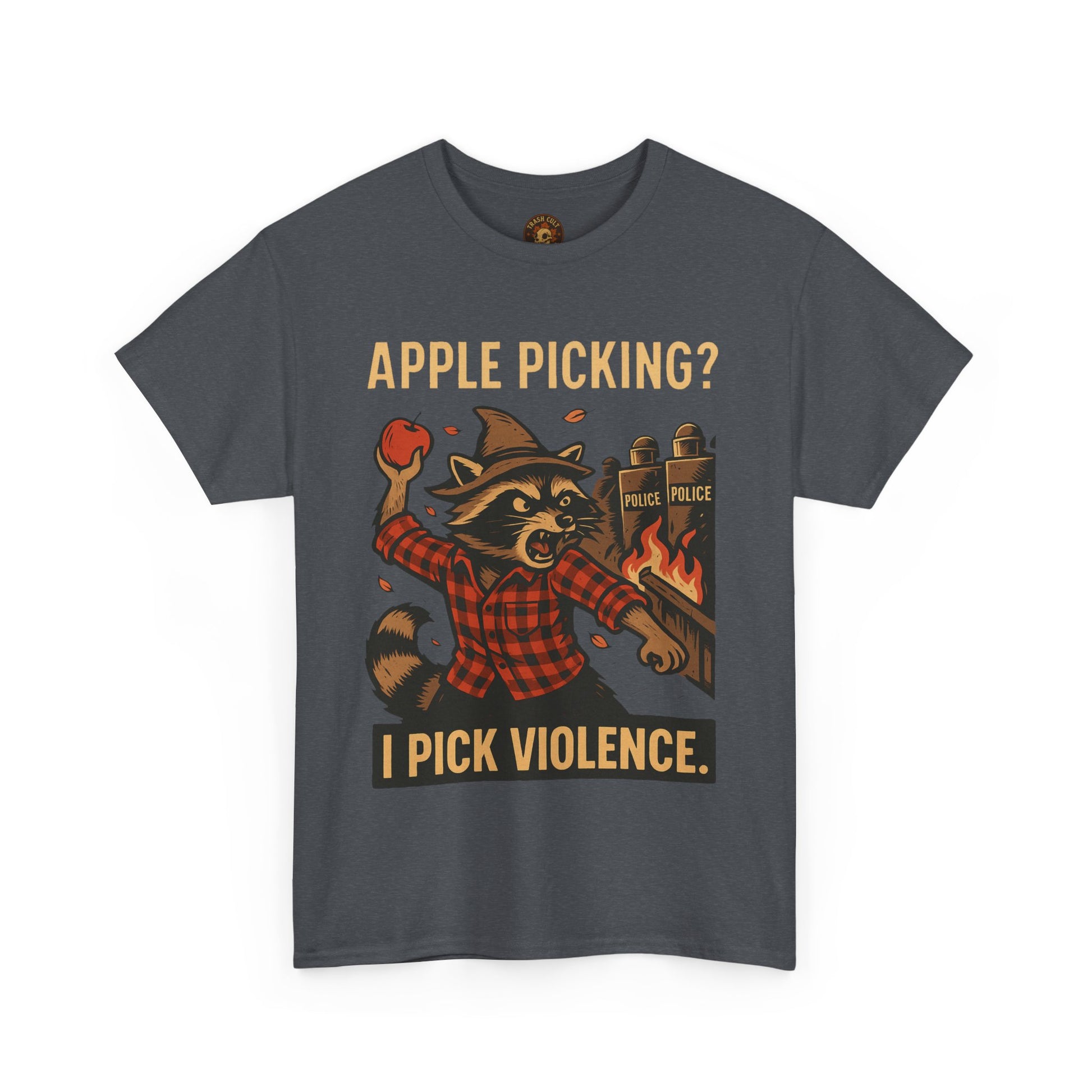 Apple Picking? I Pick Violence Shirt – Angry Raccoon Riot Tee – Fall of Humanity Collection – Trash Cult Supply Co.