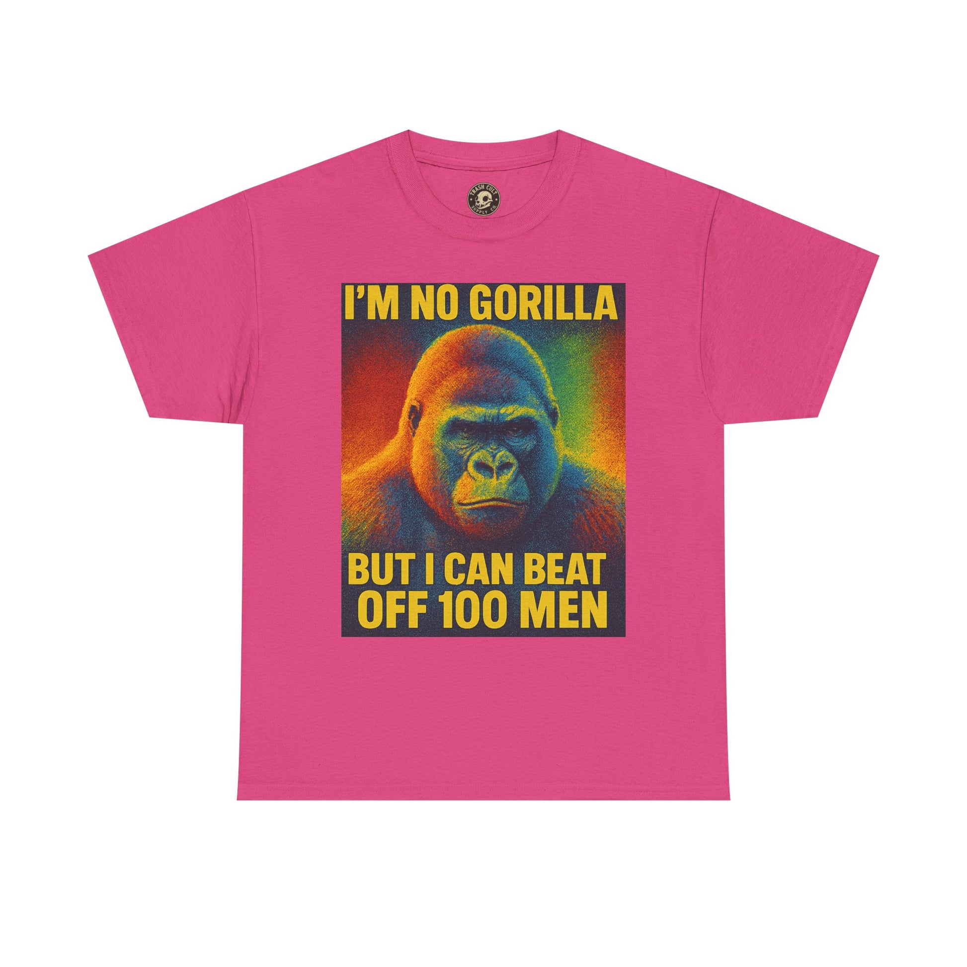 I’m No Gorilla But I Can Beat Off 100 Men Shirt – Multicolor Halftone Gorilla Tee on Gildan 5000