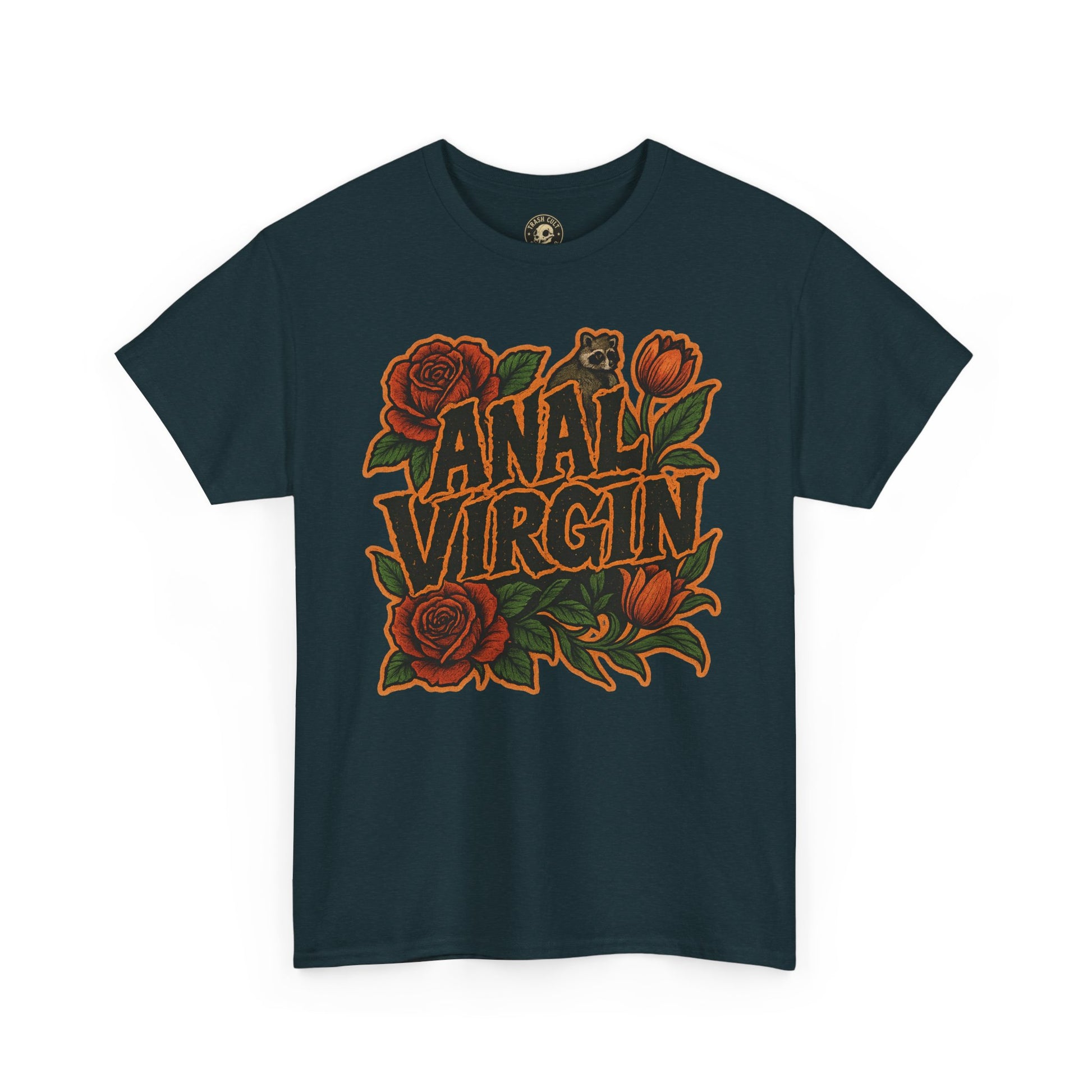 Anal Virgin Bold Floral Trashcore Tee – Funny Raccoon Shirt – Gildan 5000