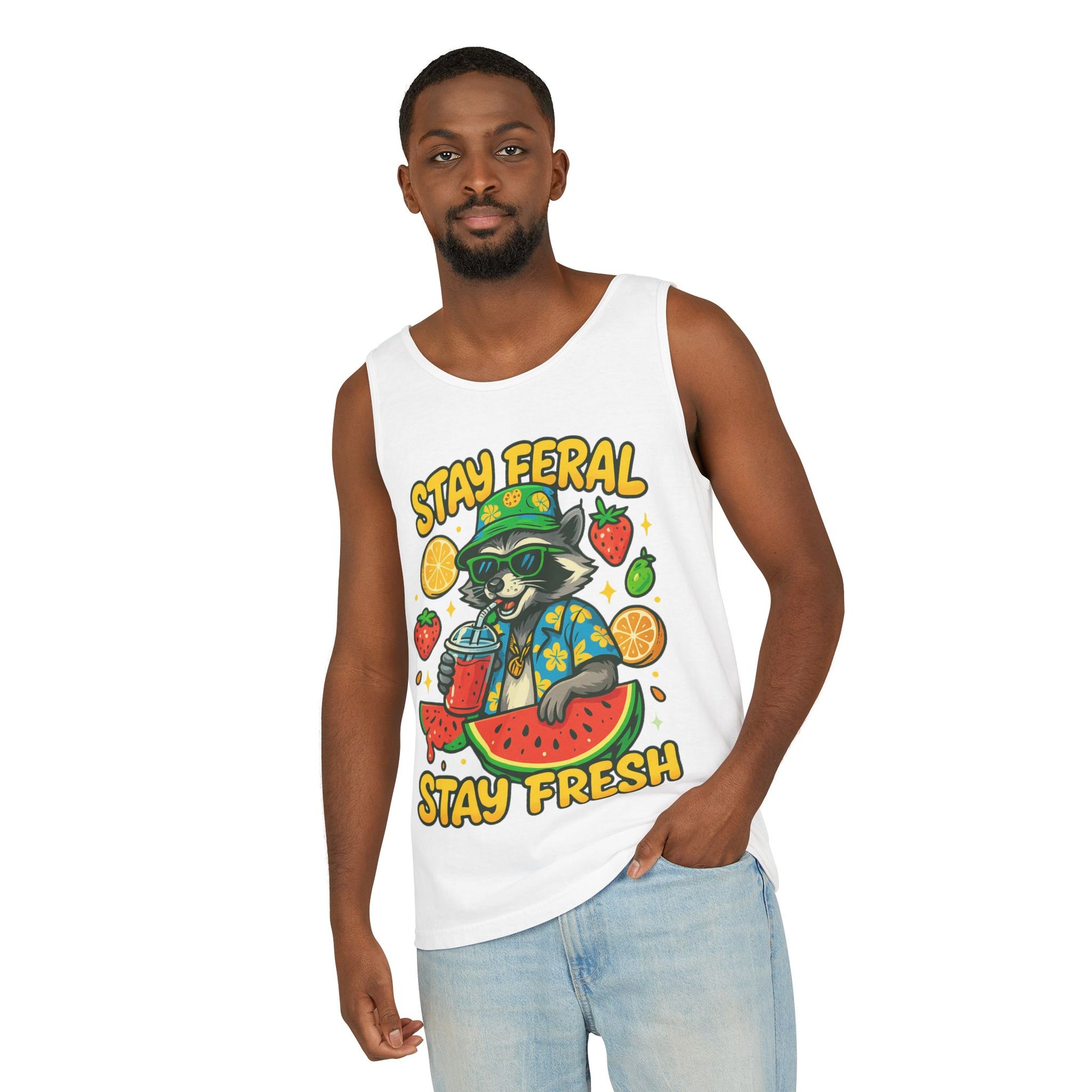 Stay Feral Stay Fresh Tank Top, Summer Apparel, Unisex Graphic Tee, Beachwear, Fun Gift for Animal Lovers